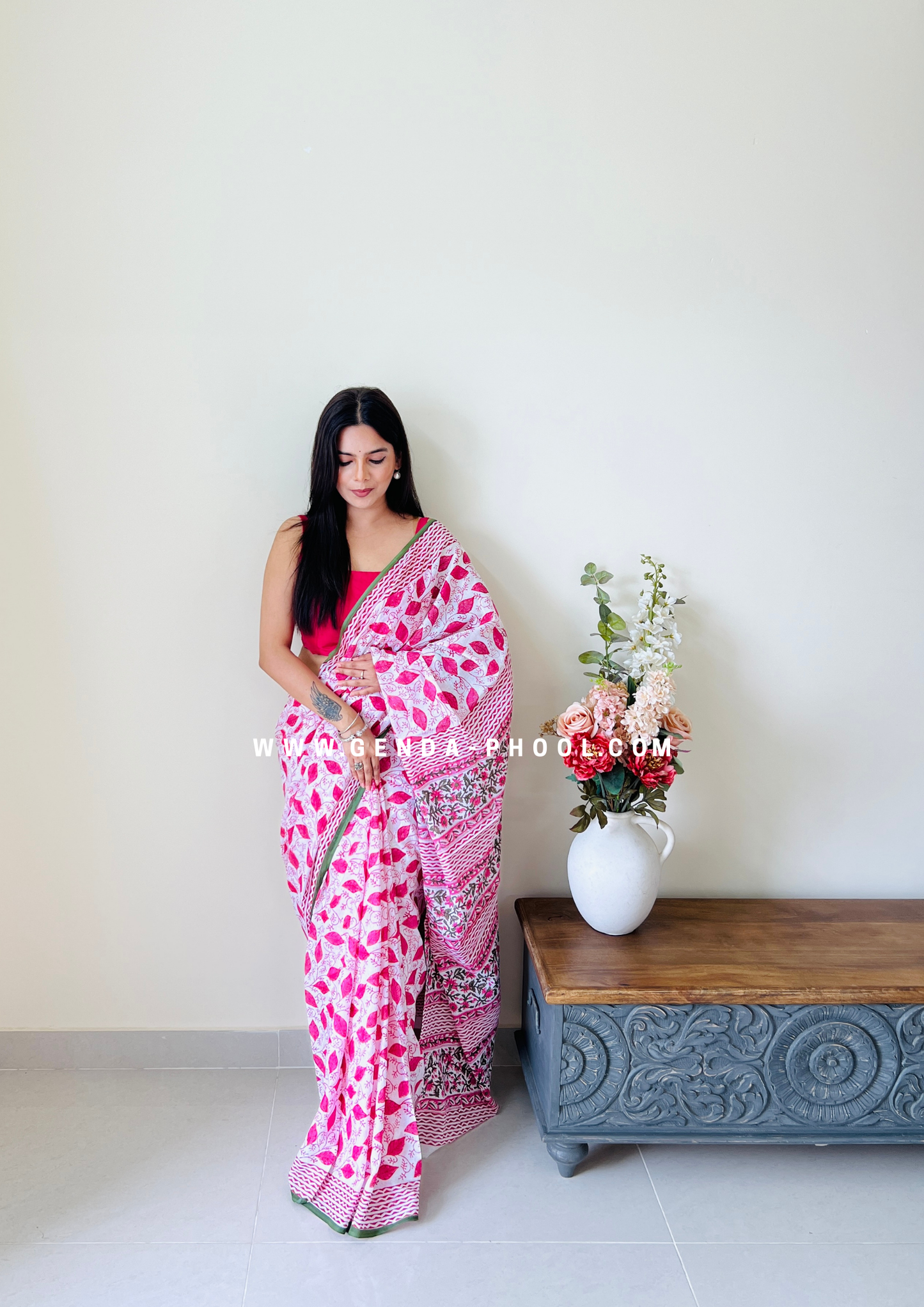 Pink Leaf Print Handblock Mulmul Saree