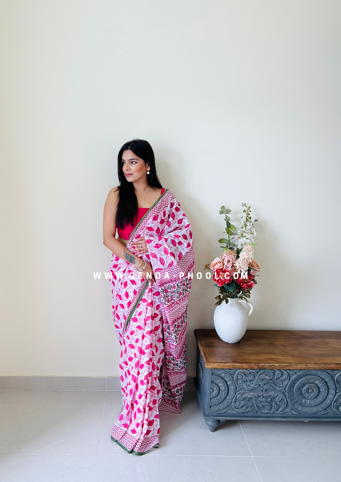 Pink Leaf Print Handblock Mulmul Saree