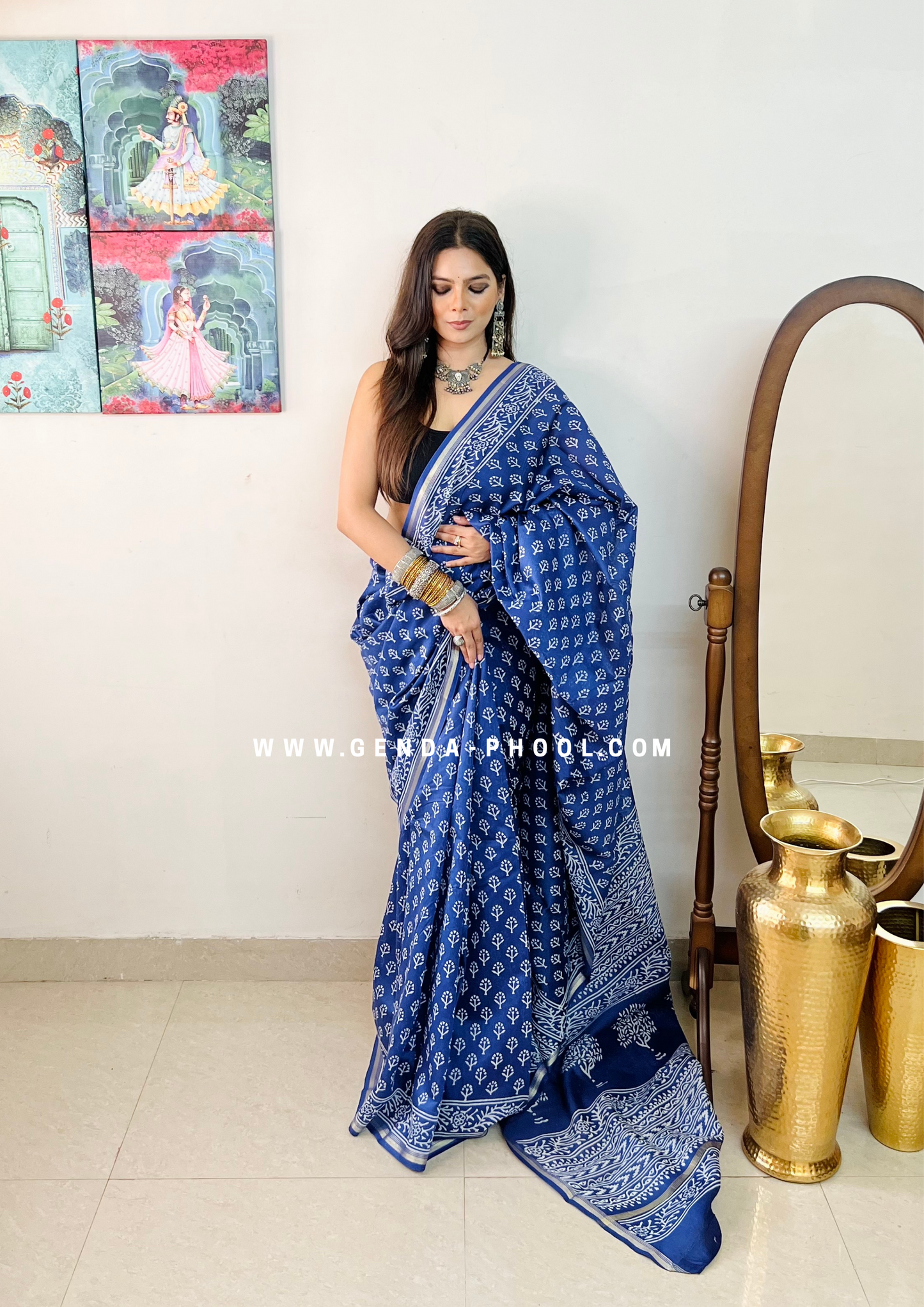 Handloom Dabu Handblock Printed Chanderi Silk Cotton Saree with Zari Border