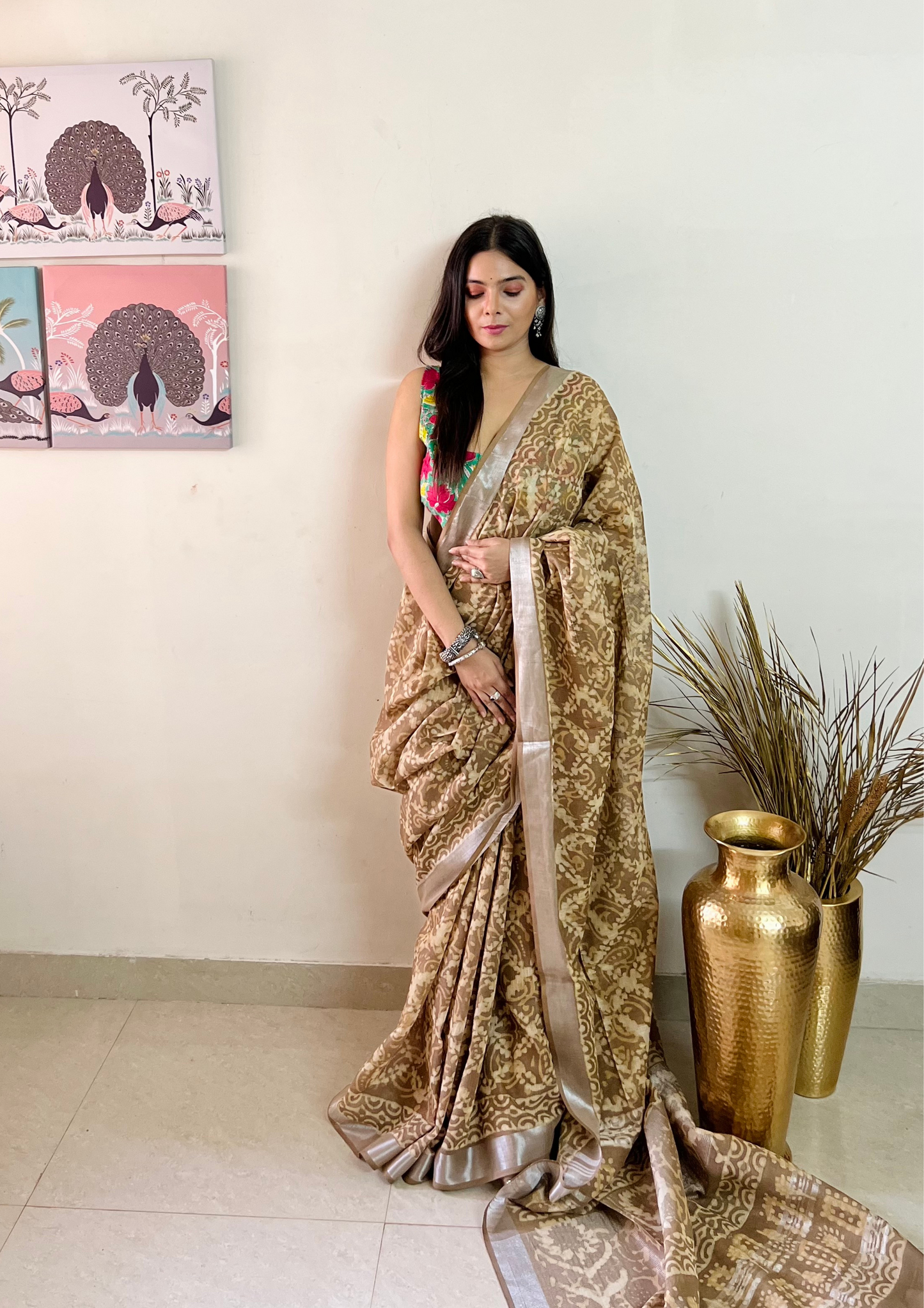 Handblock Printed Linen Cotton Saree