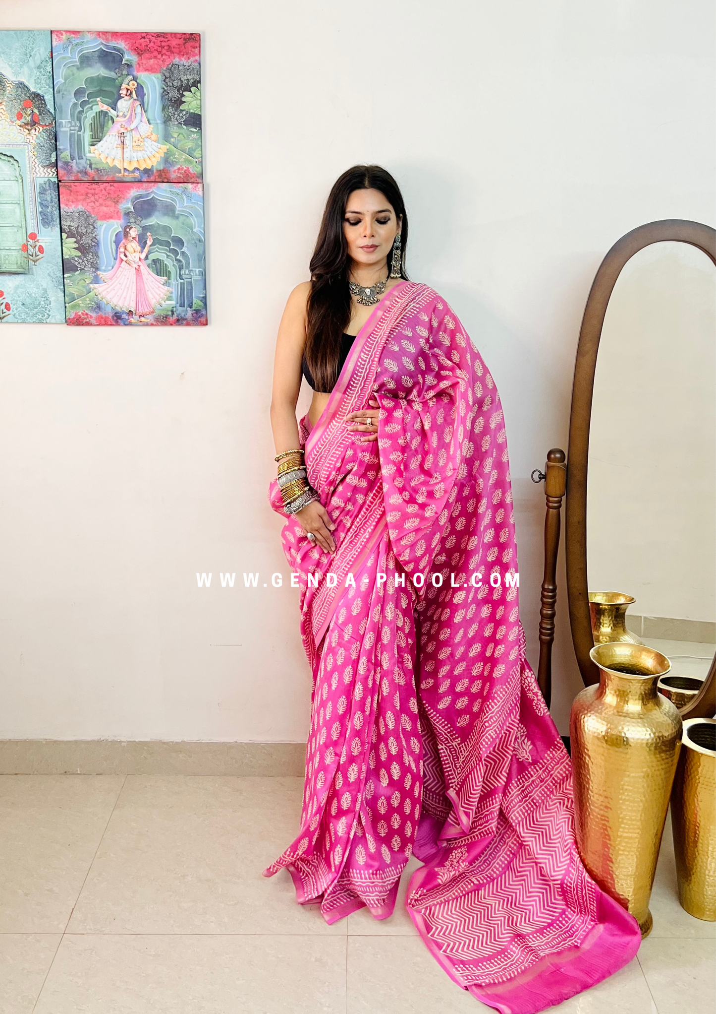 Handloom Dabu Handblock Printed Chanderi Silk Cotton Saree with Zari Border