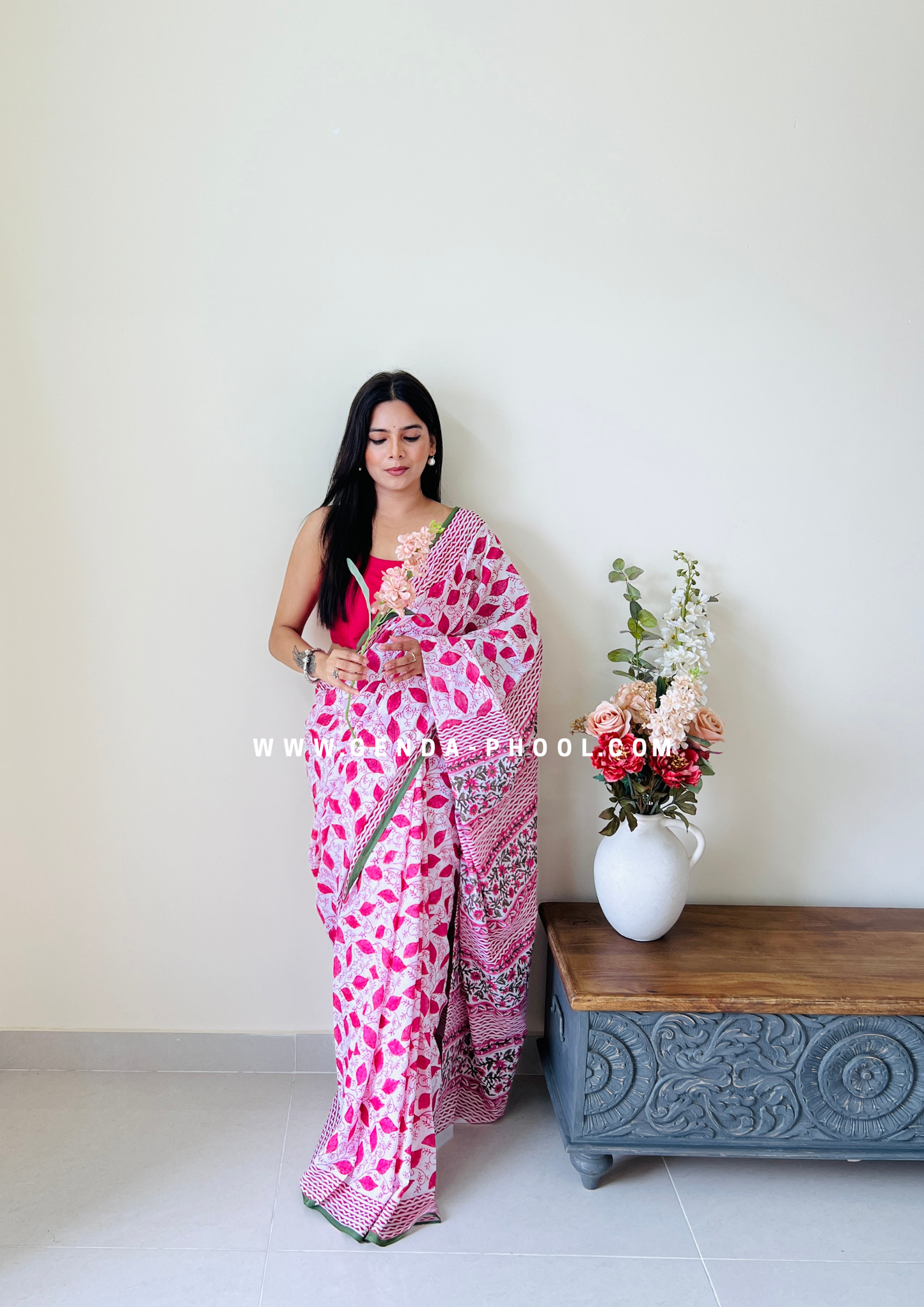 Pink Leaf Print Handblock Mulmul Saree