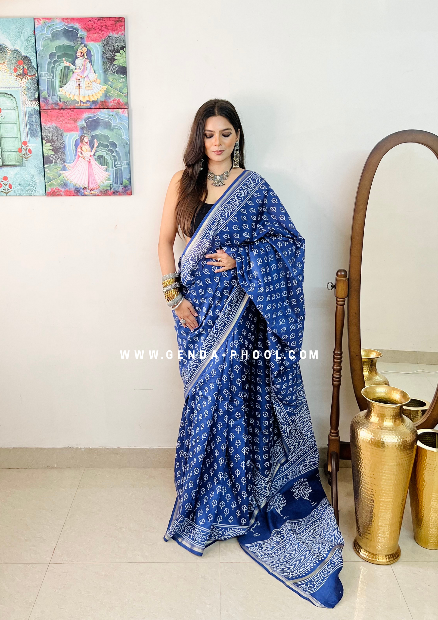 Handloom Dabu Handblock Printed Chanderi Silk Cotton Saree with Zari Border