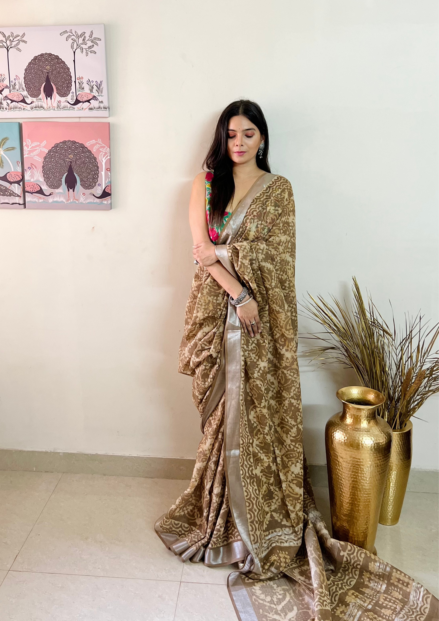 Handblock Printed Linen Cotton Saree