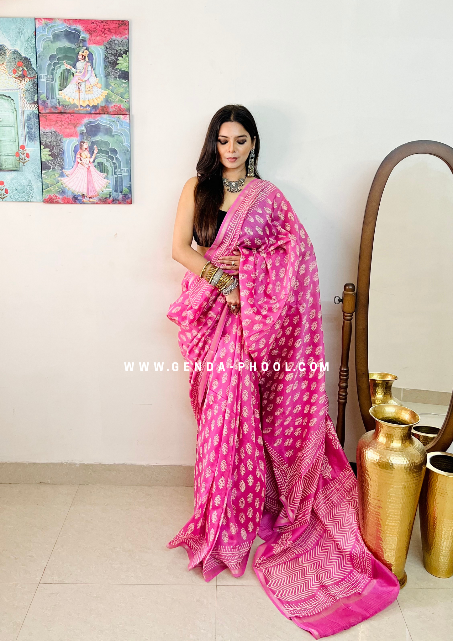 Handloom Dabu Handblock Printed Chanderi Silk Cotton Saree with Zari Border