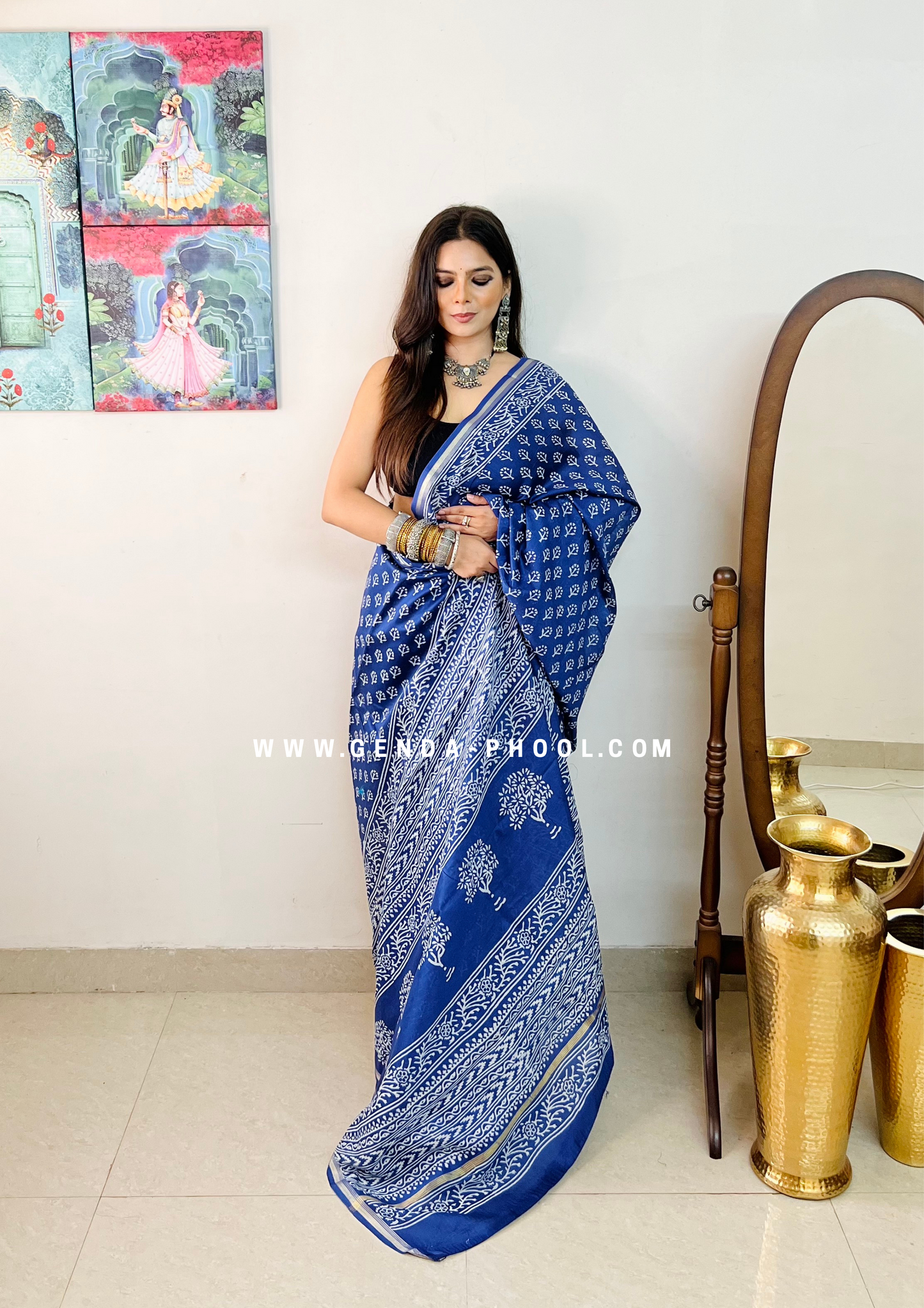 Handloom Dabu Handblock Printed Chanderi Silk Cotton Saree with Zari Border