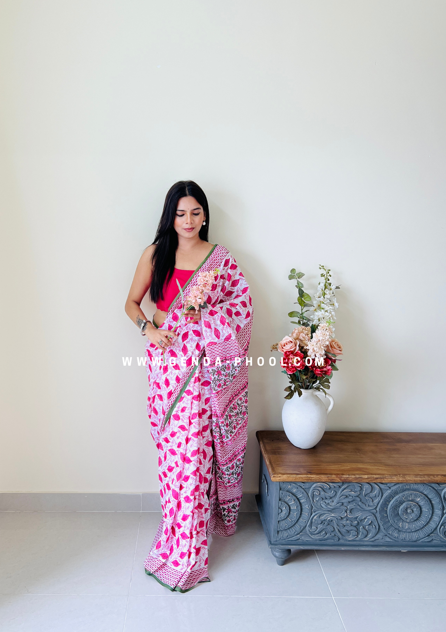 Pink Leaf Print Handblock Mulmul Saree