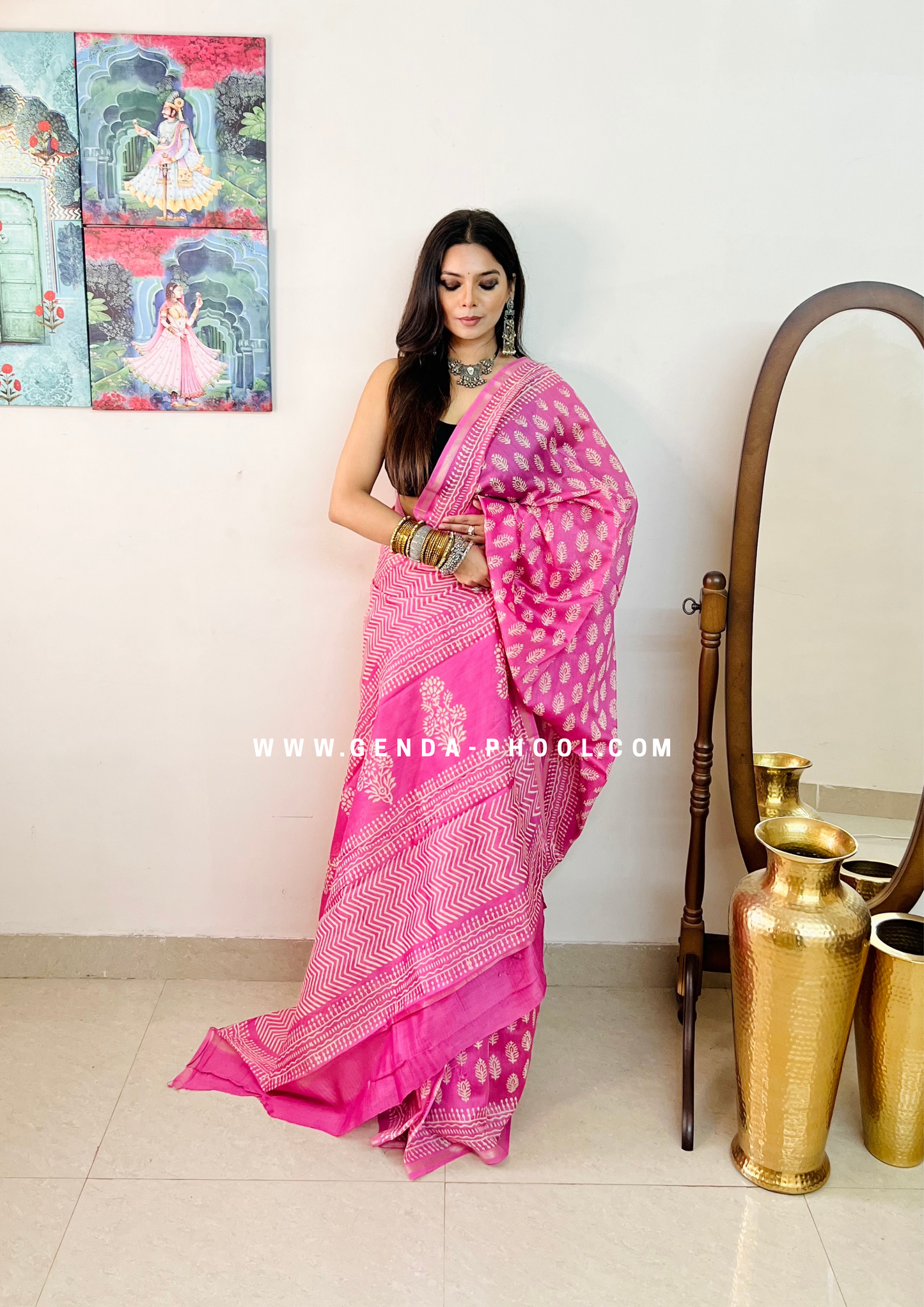 Handloom Dabu Handblock Printed Chanderi Silk Cotton Saree with Zari Border