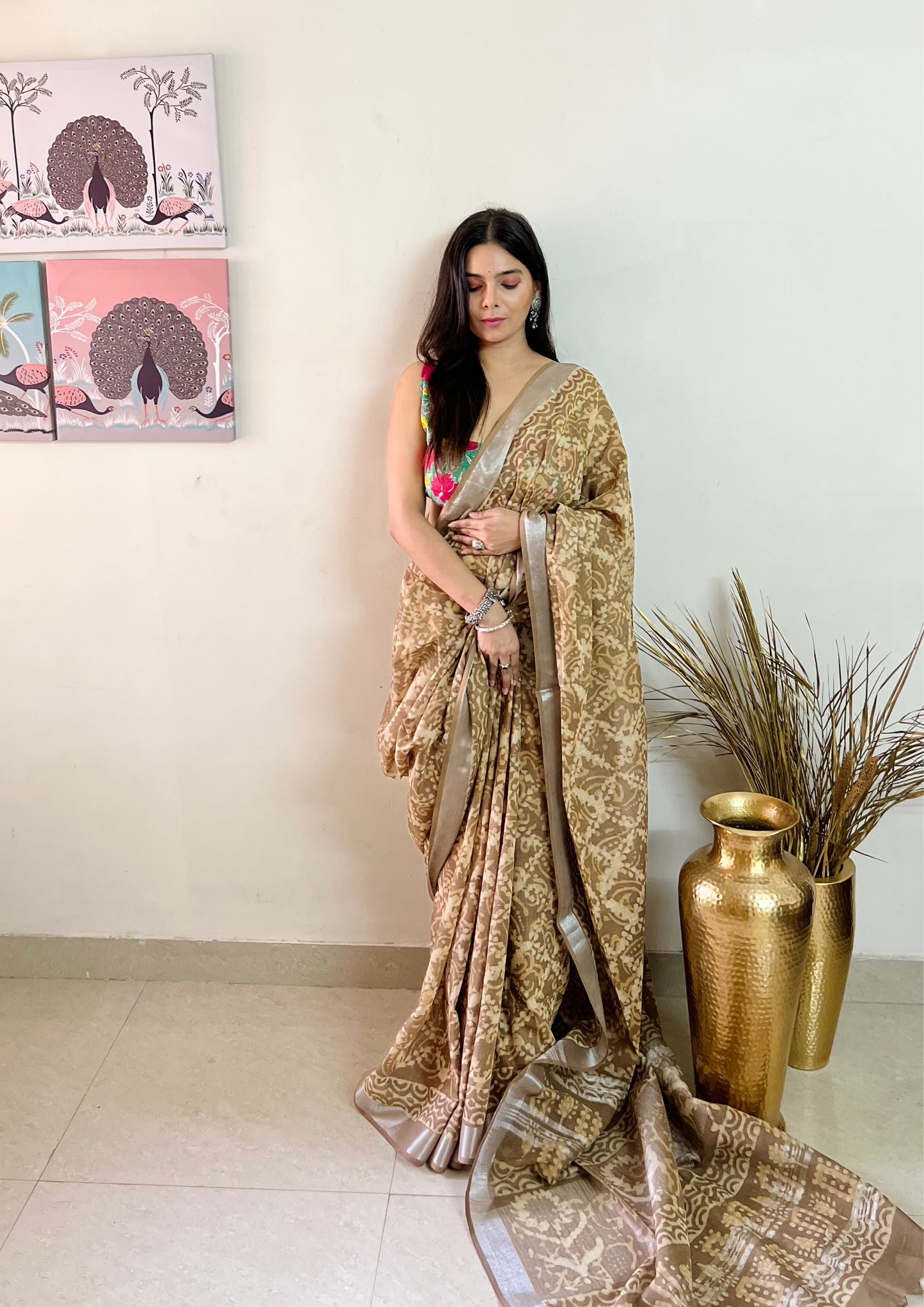 Handblock Printed Linen Cotton Saree