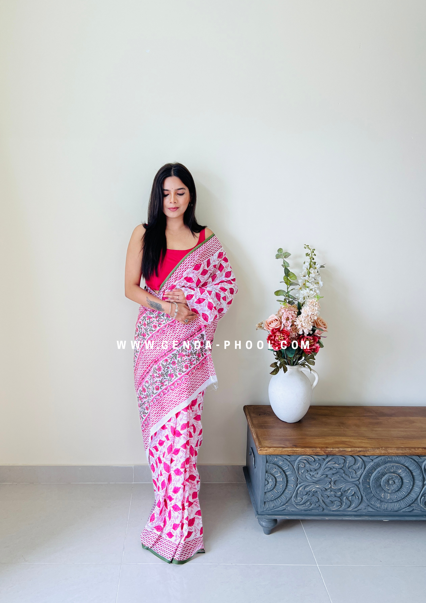 Pink Leaf Print Handblock Mulmul Saree