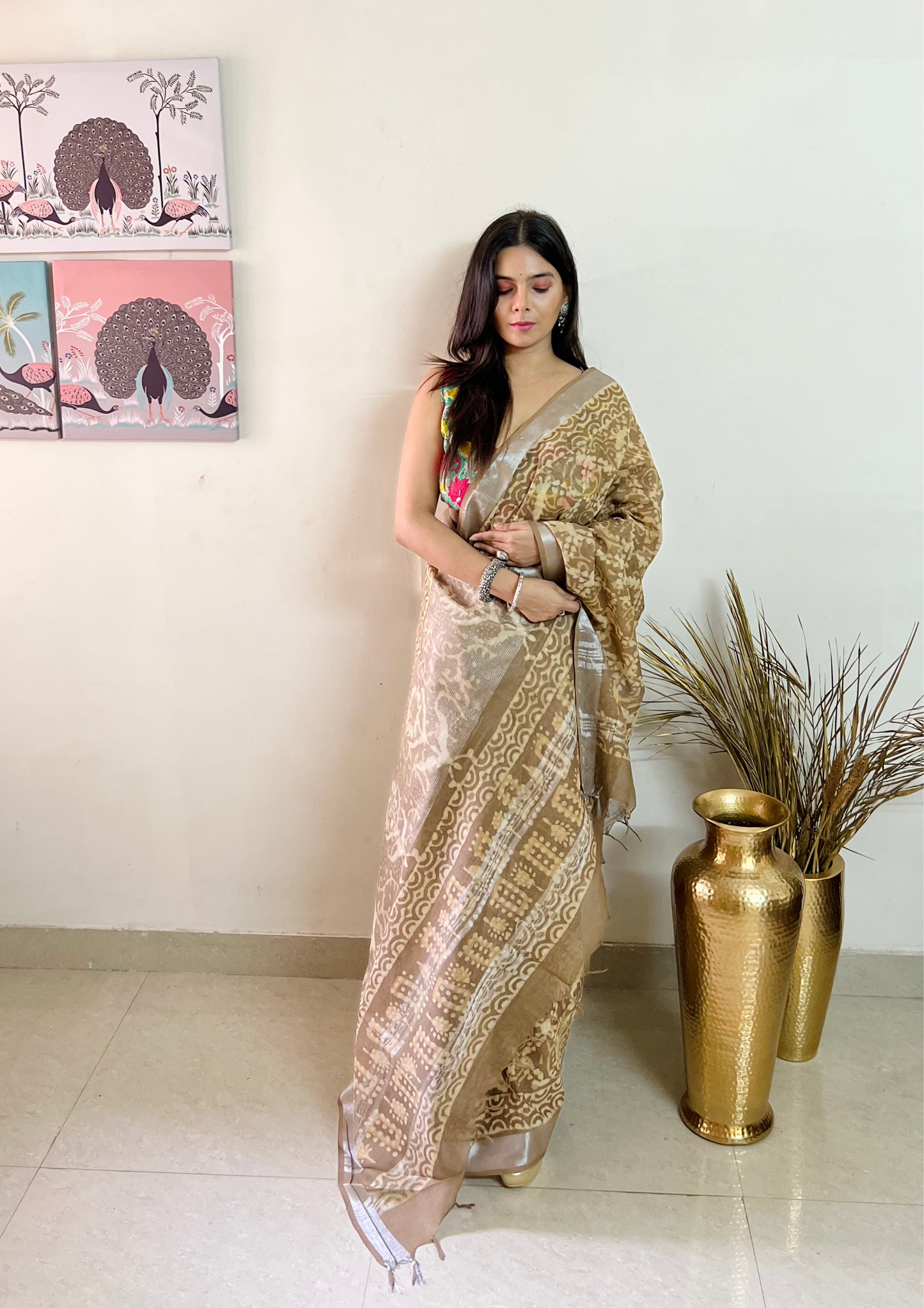 Handblock Printed Linen Cotton Saree