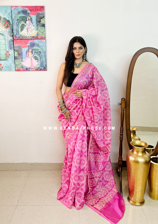 Handloom Dabu Handblock Printed Chanderi Silk Cotton Saree with Zari Border