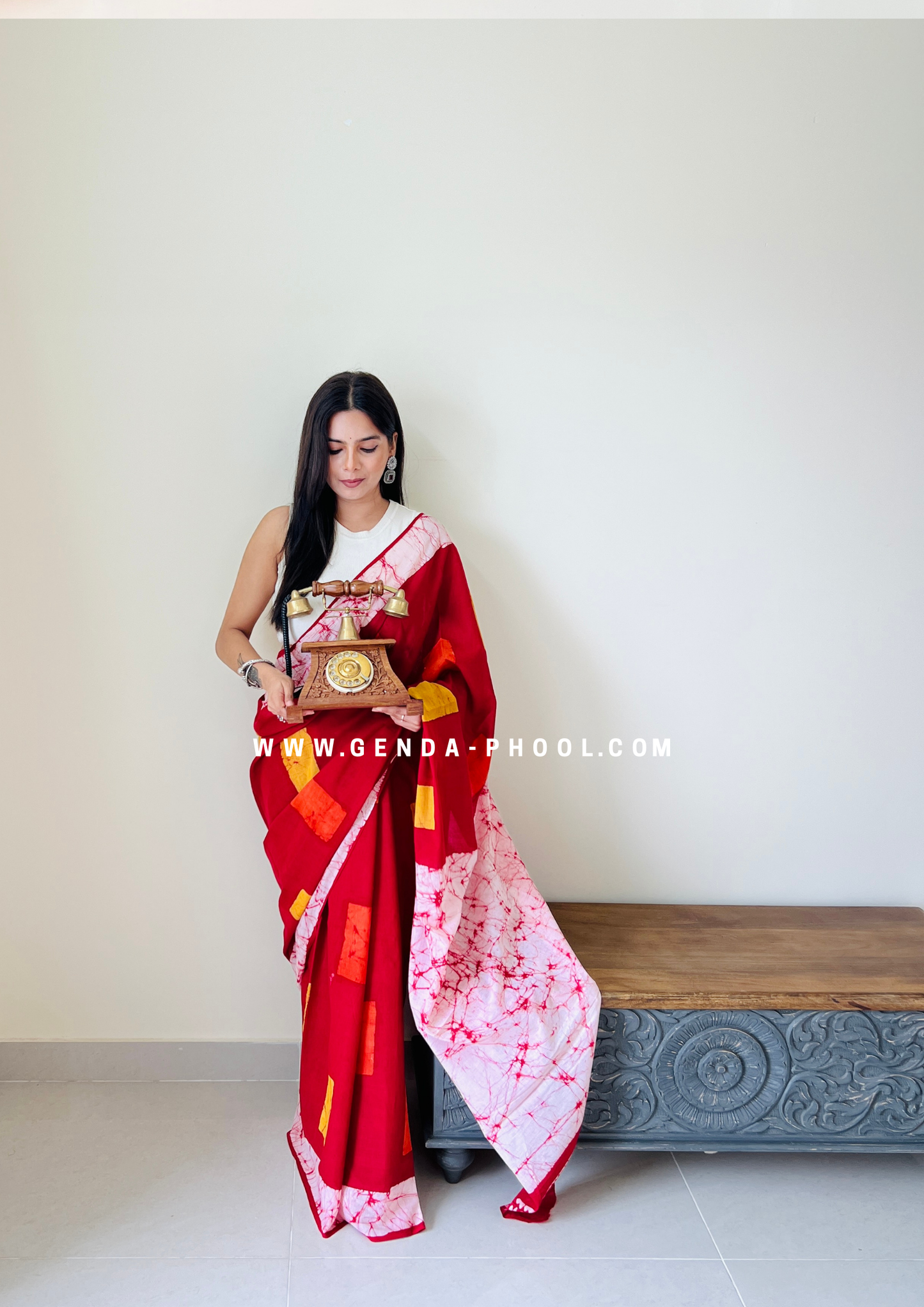 Red Square Print Handblock Mulmul Saree