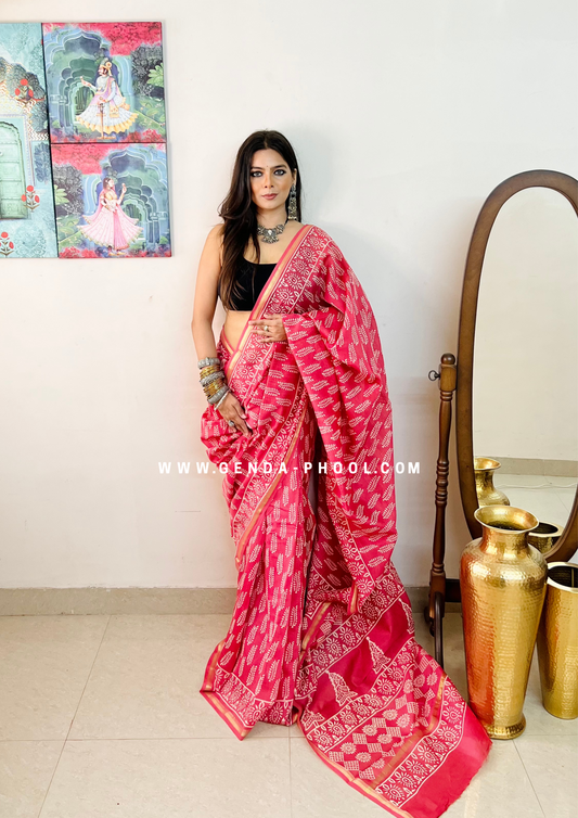 Handloom Dabu Handblock Printed Chanderi Silk Cotton Saree with Zari Border