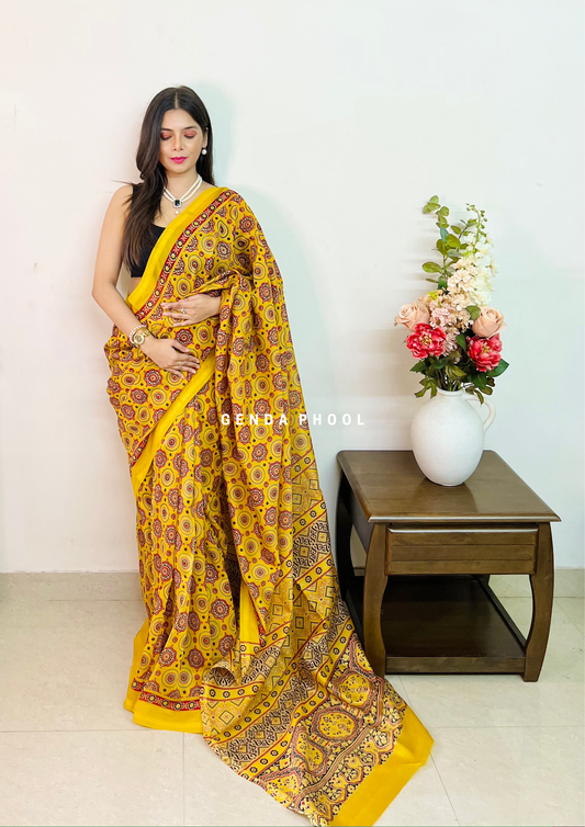 Handloom Handblock Printed Chanderi Silk Cotton Saree with Zari Border