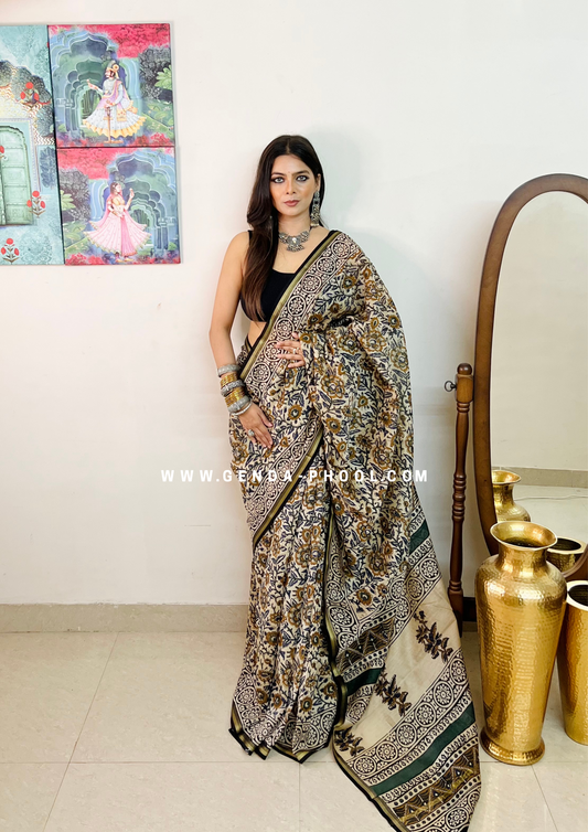 Handloom Kalamkari Handblock Printed Chanderi Silk Cotton Saree with Zari Border