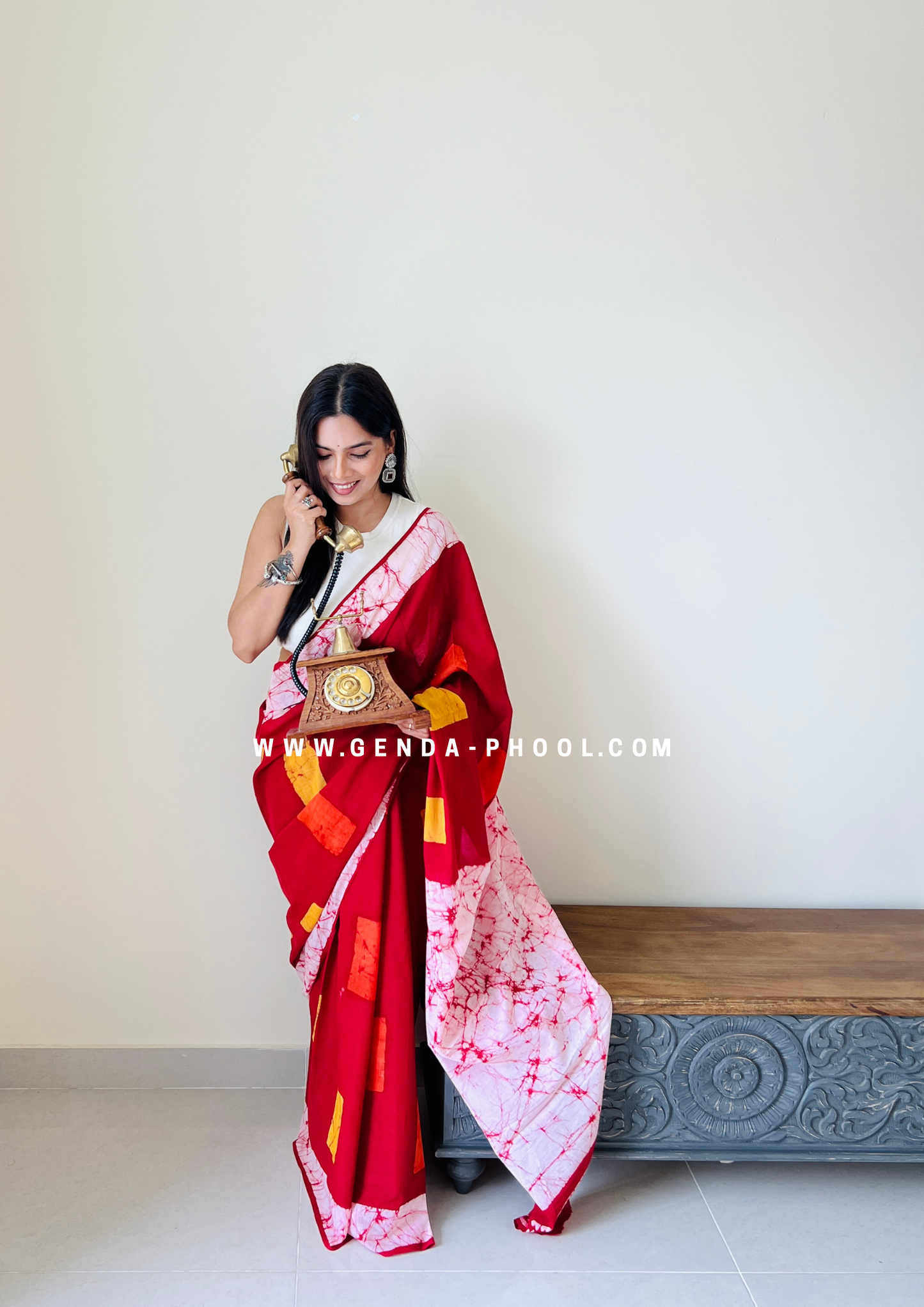 Red Square Print Handblock Mulmul Saree