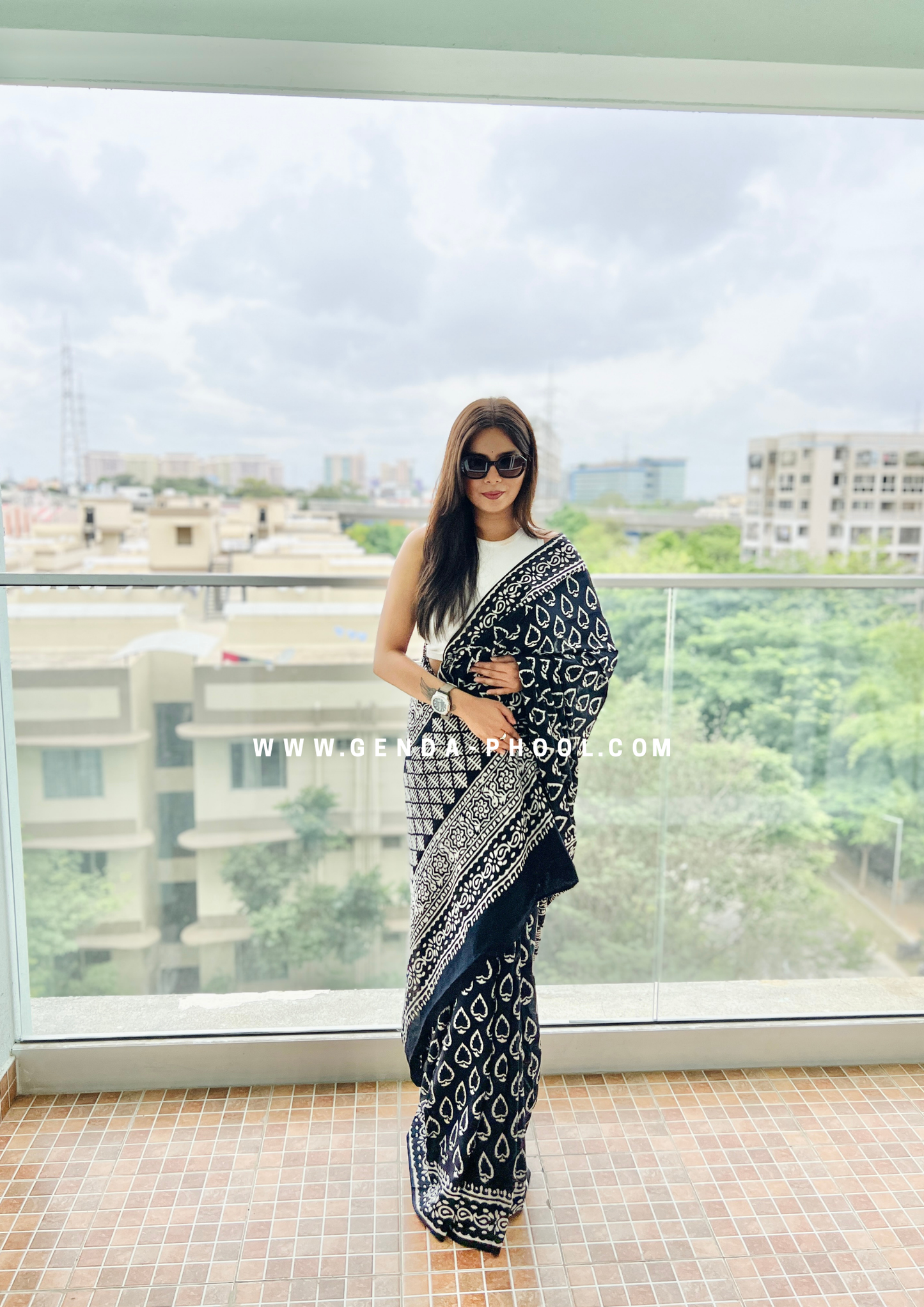 Black Betel Print Handblock Mulmul Saree