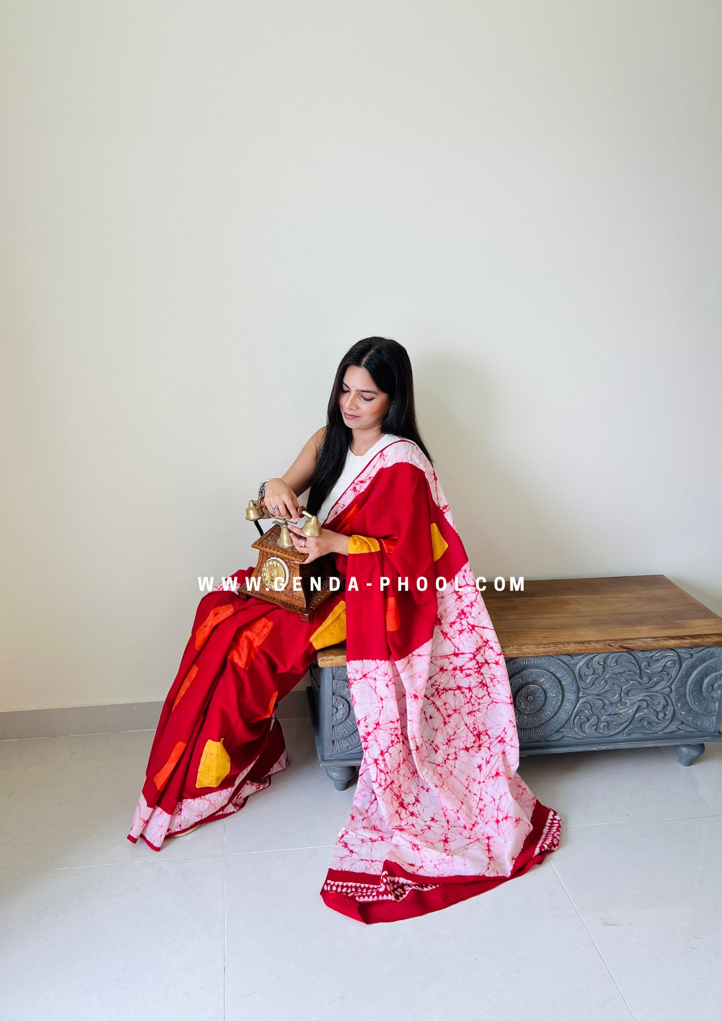 Red Square Print Handblock Mulmul Saree