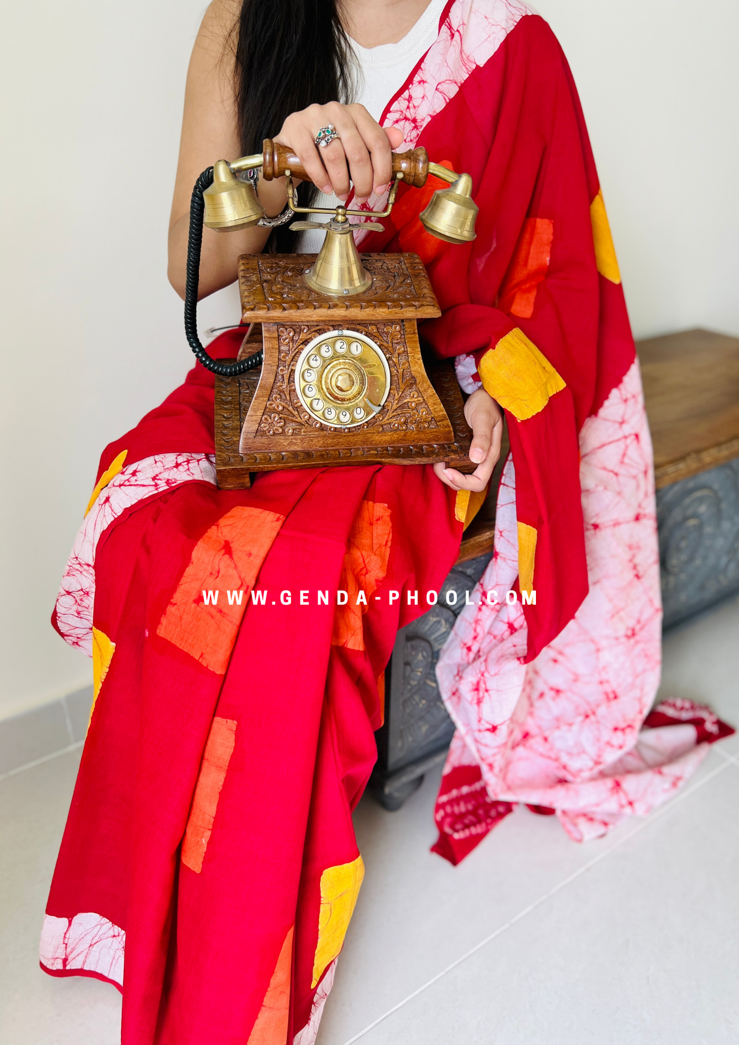 Red Square Print Handblock Mulmul Saree