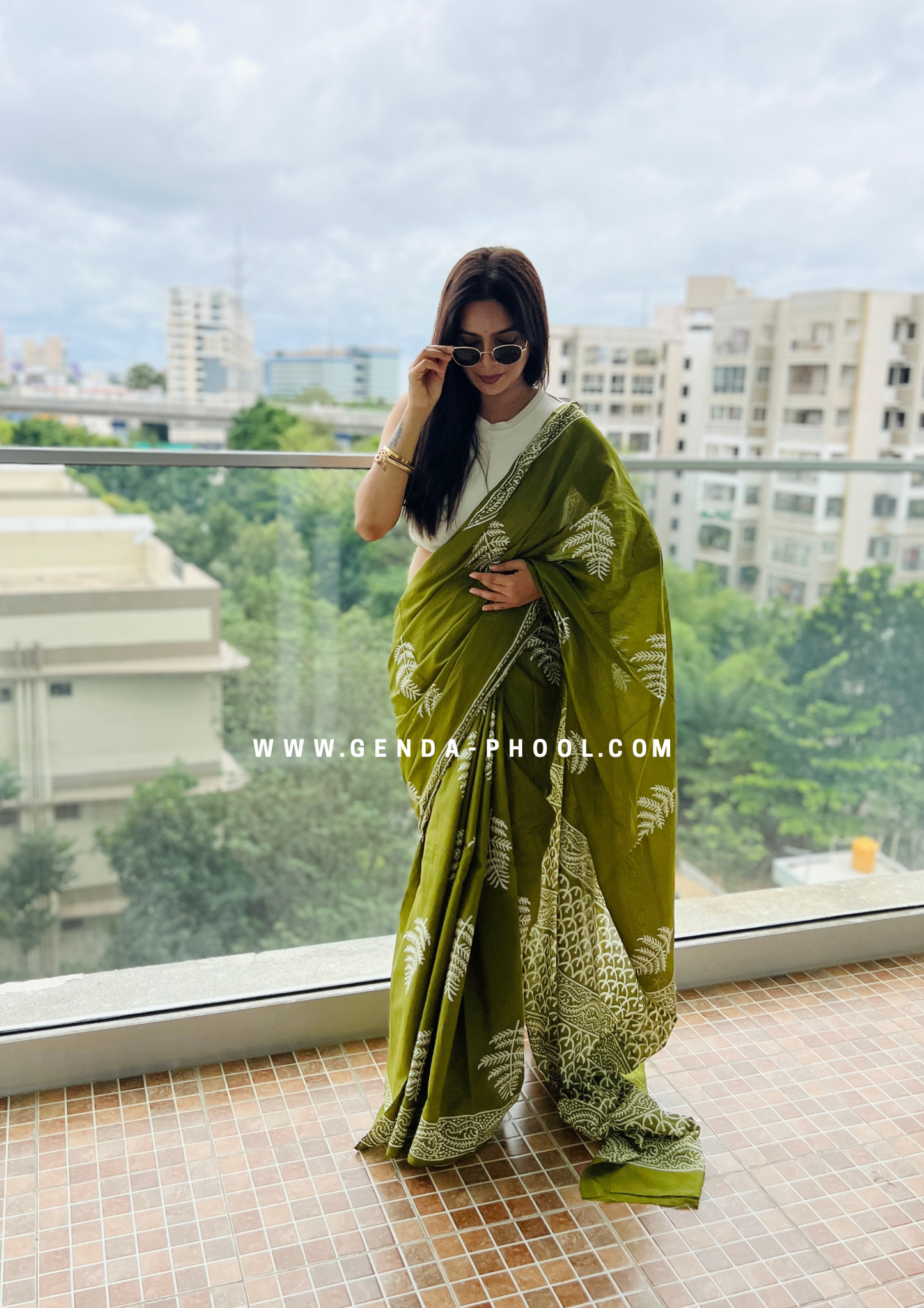 Green Leaf Print Handblock Mulmul Saree