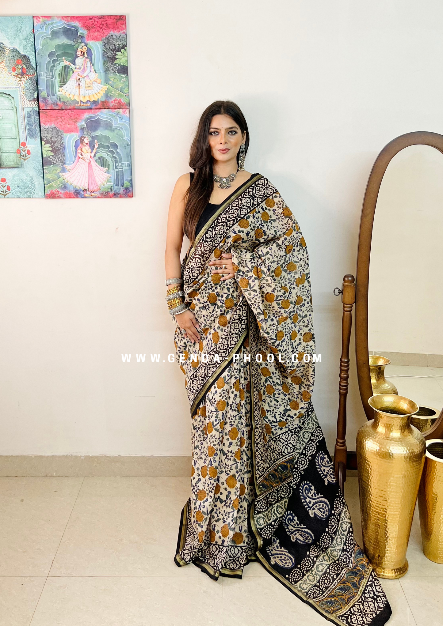 Handloom Kalamkari Handblock Printed Chanderi Silk Cotton Saree with Zari Border