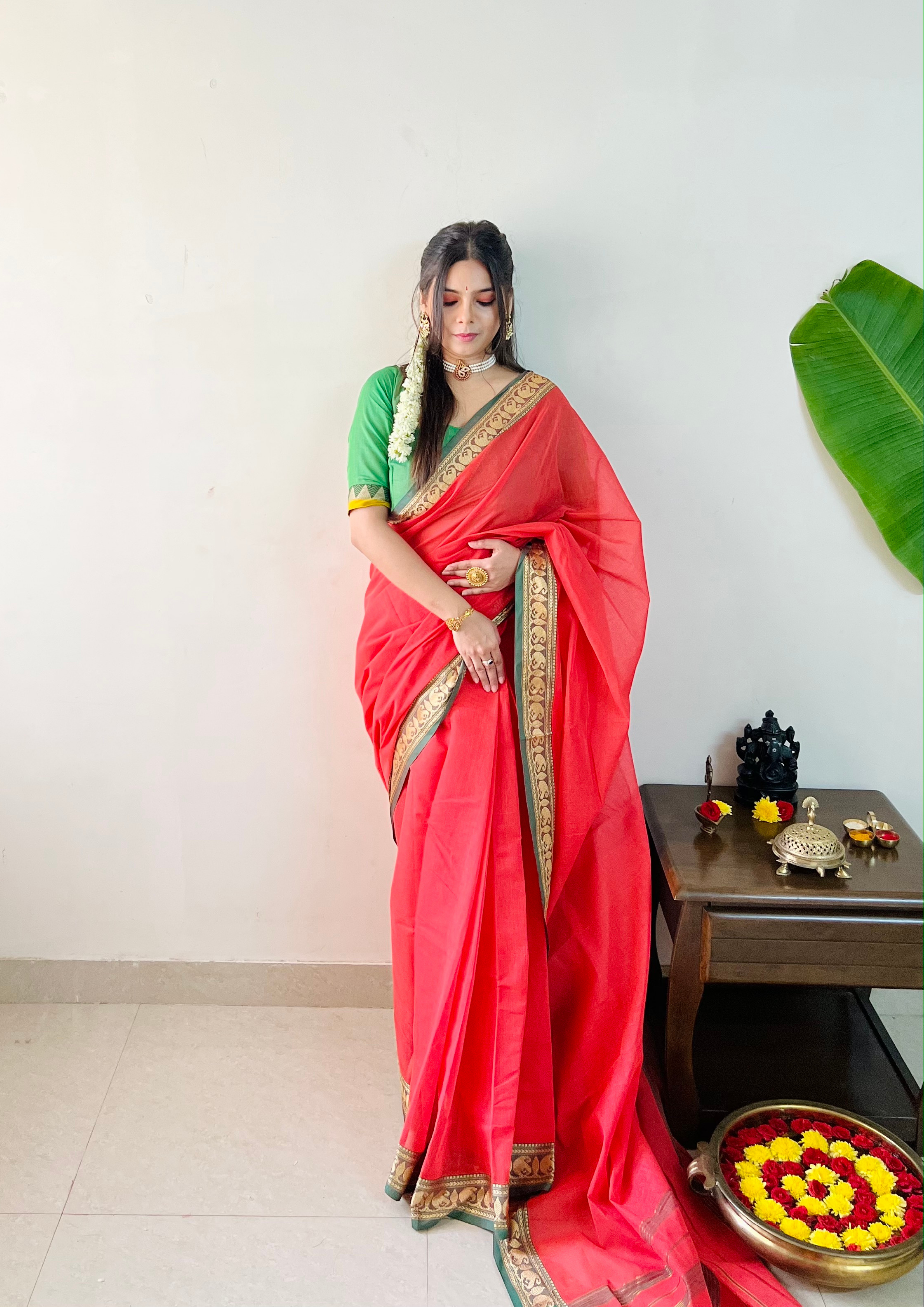 Pochampally Ikkat Temple Border Grey With Red Colour Cotton Designer Saree.  | eWe