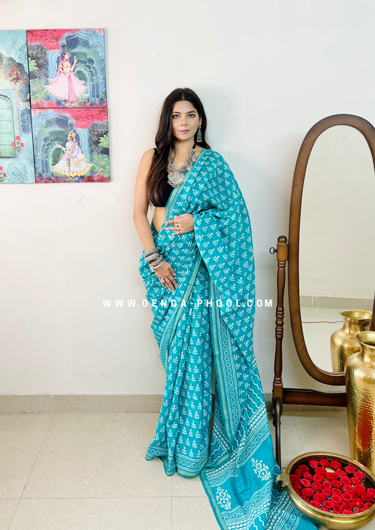 Dabu Hand-Block Chanderi Cotton Silk Saree with Zari Border