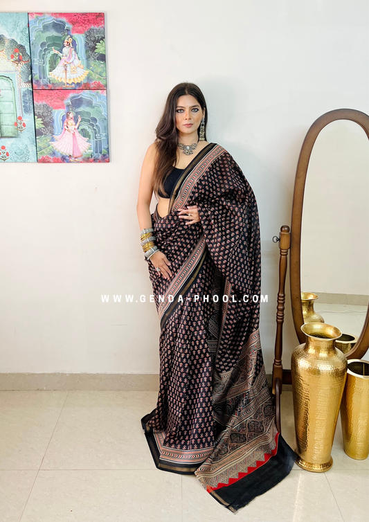 Handloom Dabu Handblock Printed Chanderi Silk Cotton Saree with Zari Border