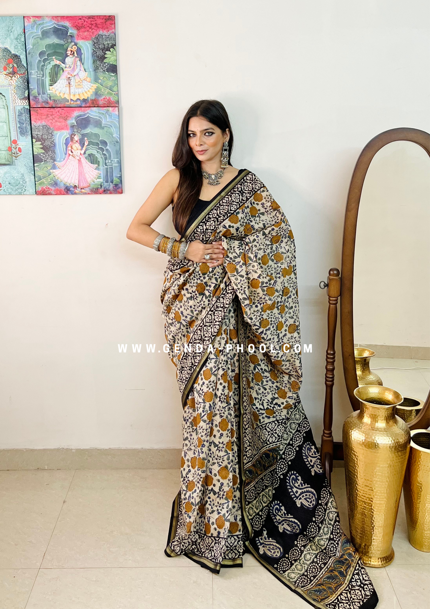 Handloom Kalamkari Handblock Printed Chanderi Silk Cotton Saree with Zari Border