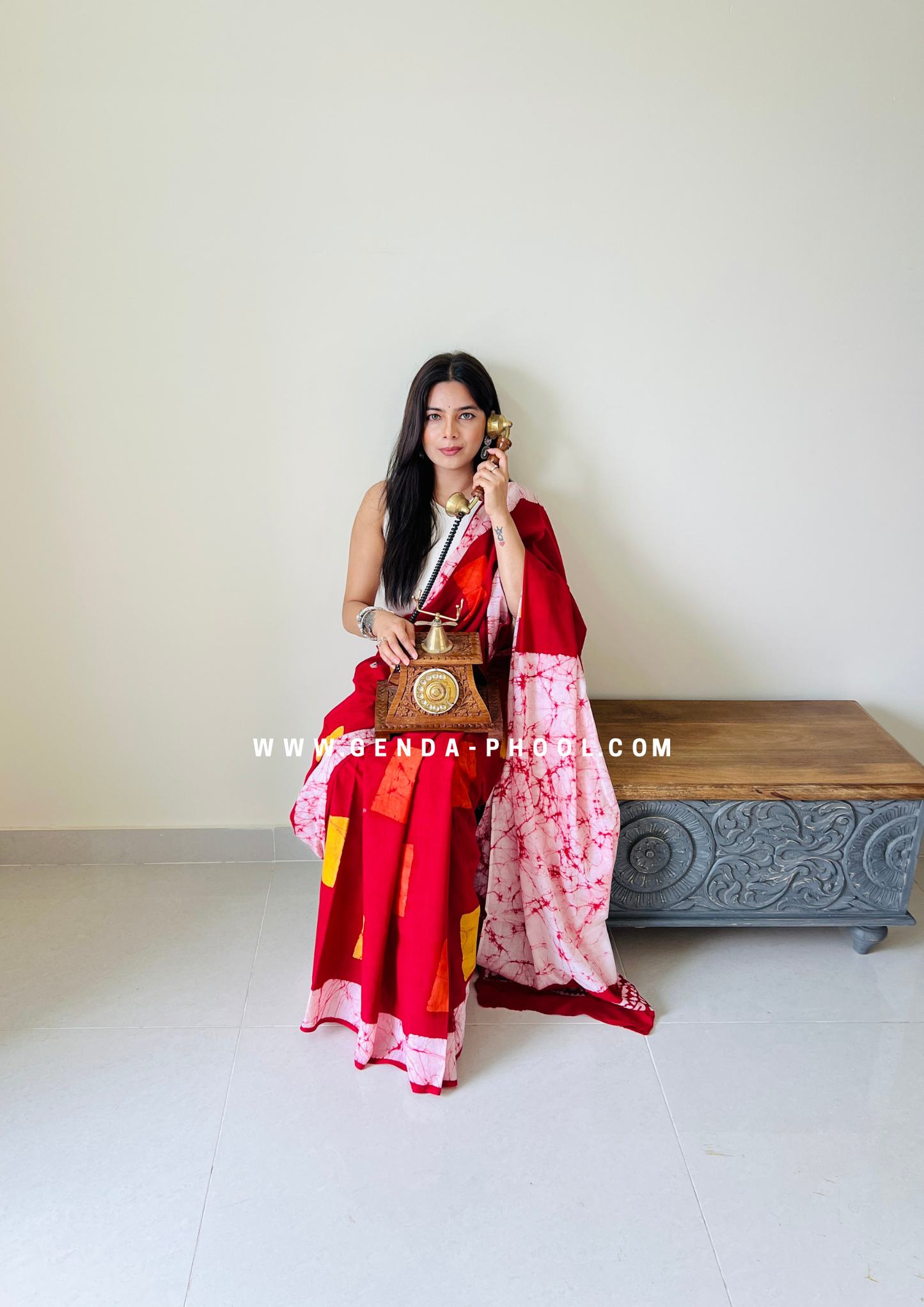 Red Square Print Handblock Mulmul Saree