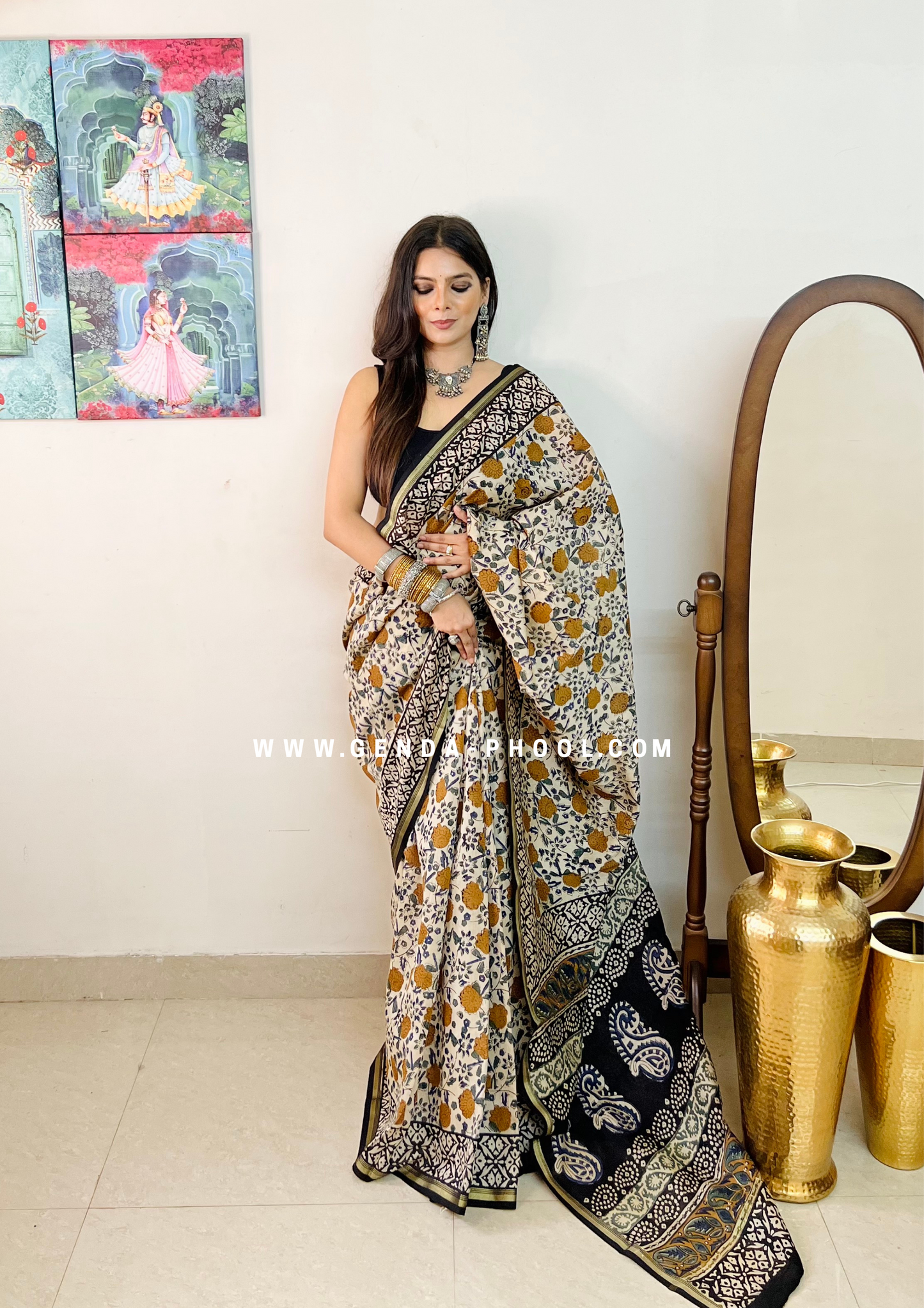 Handloom Kalamkari Handblock Printed Chanderi Silk Cotton Saree with Zari Border