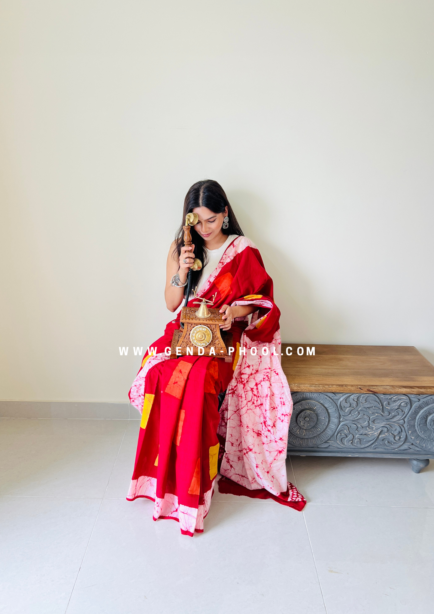 Red Square Print Handblock Mulmul Saree