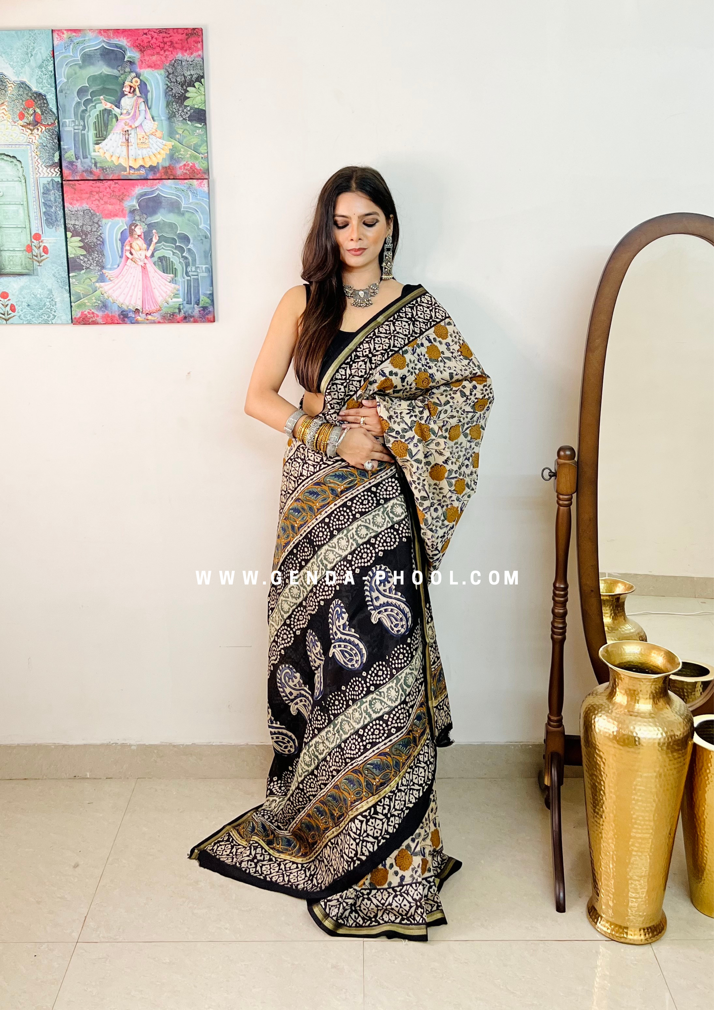 Handloom Kalamkari Handblock Printed Chanderi Silk Cotton Saree with Zari Border