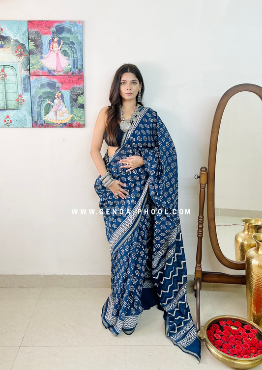 Dabu Hand-Block Chanderi Cotton Silk Saree with Zari Border