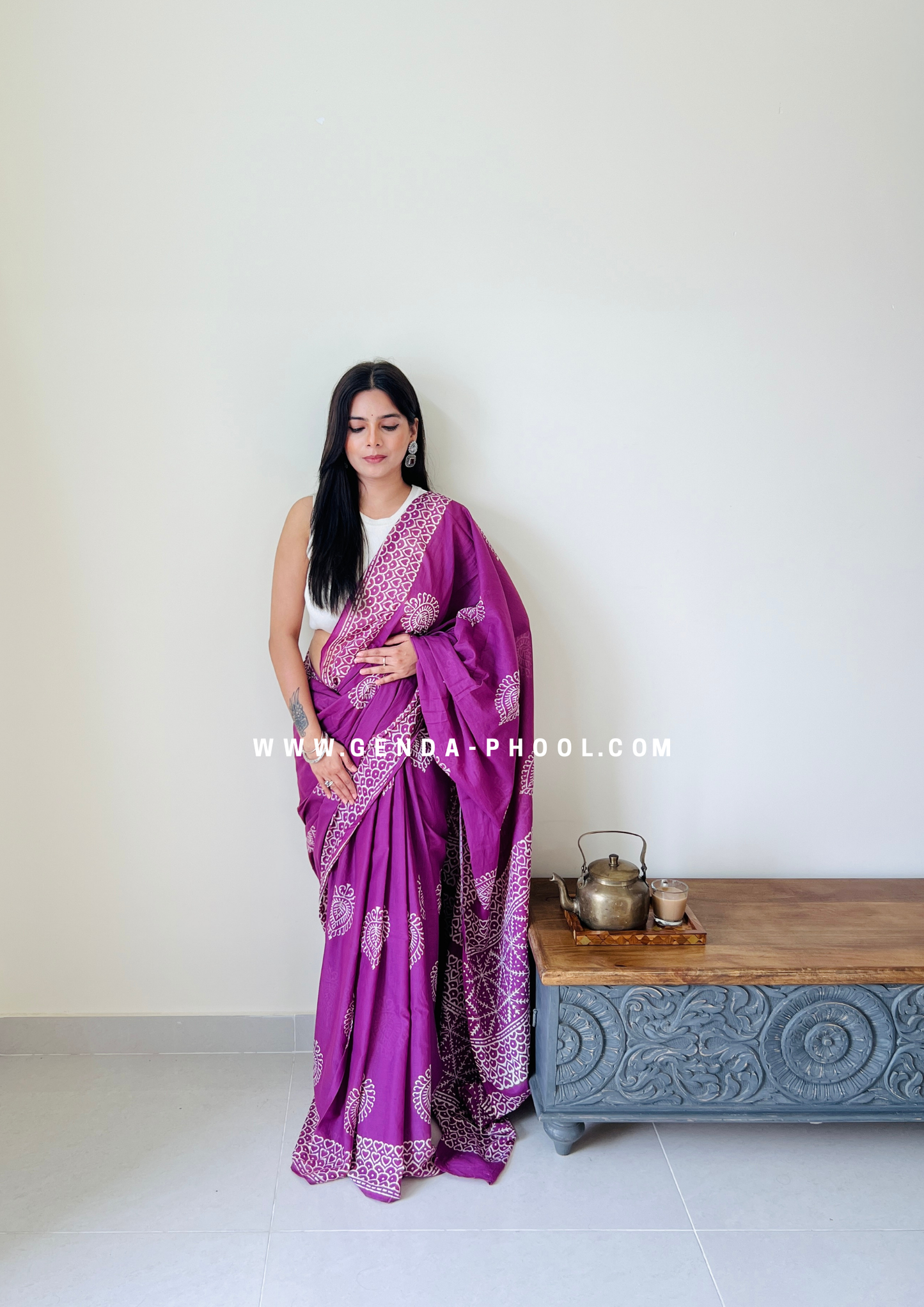 Purple Betel Leaf Print Handblock Mulmul Saree