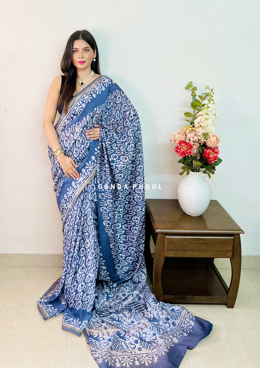 Handloom Handblock Printed Chanderi Silk Cotton Saree with Zari Border