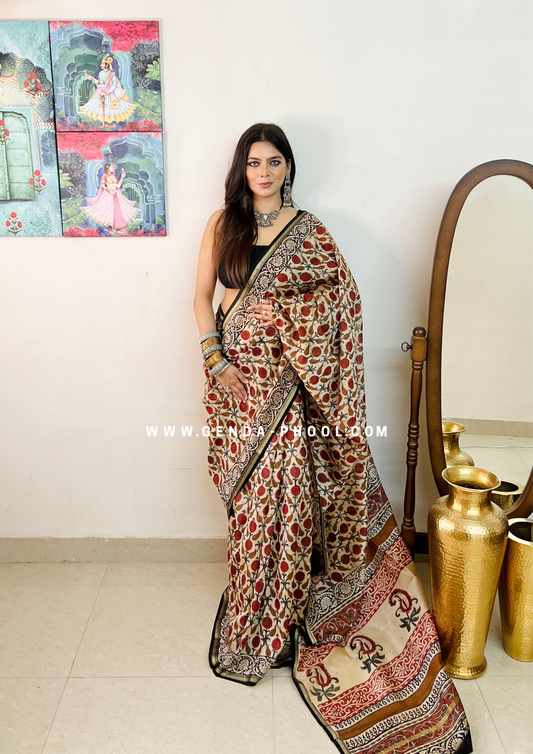 Handloom Kalamkari Handblock Printed Chanderi Silk Cotton Saree with Zari Border