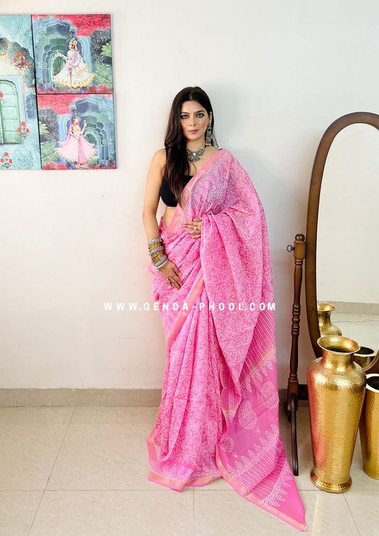 Handloom Dabu Handblock Printed Chanderi Silk Cotton Saree with Zari Border