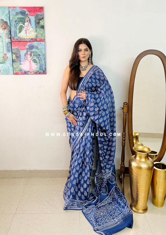 Handloom Dabu Handblock Printed Chanderi Silk Cotton Saree with Zari Border