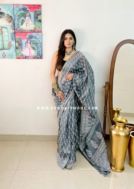 Handloom Dabu Handblock Printed Chanderi Silk Cotton Saree with Zari Border