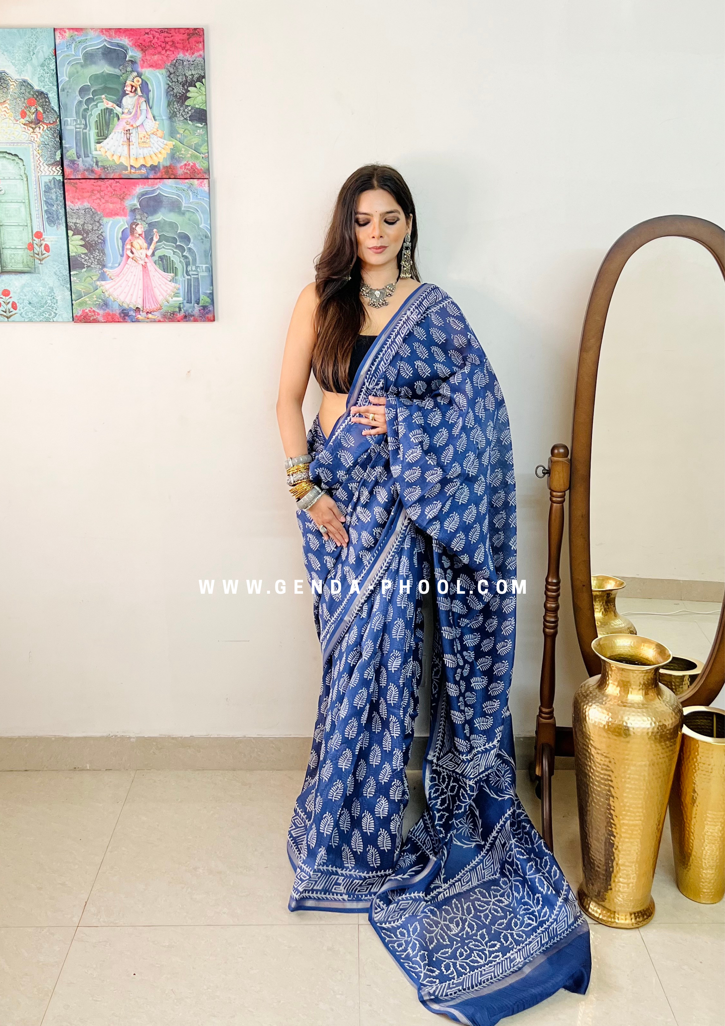 Handloom Dabu Handblock Printed Chanderi Silk Cotton Saree with Zari Border