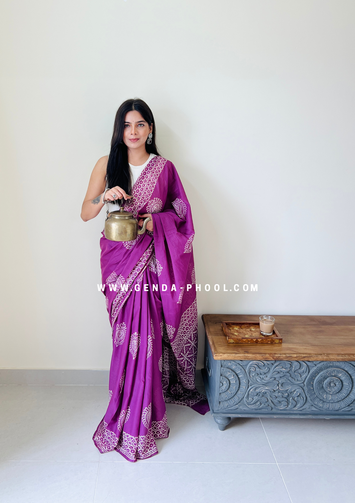 Purple Betel Leaf Print Handblock Mulmul Saree