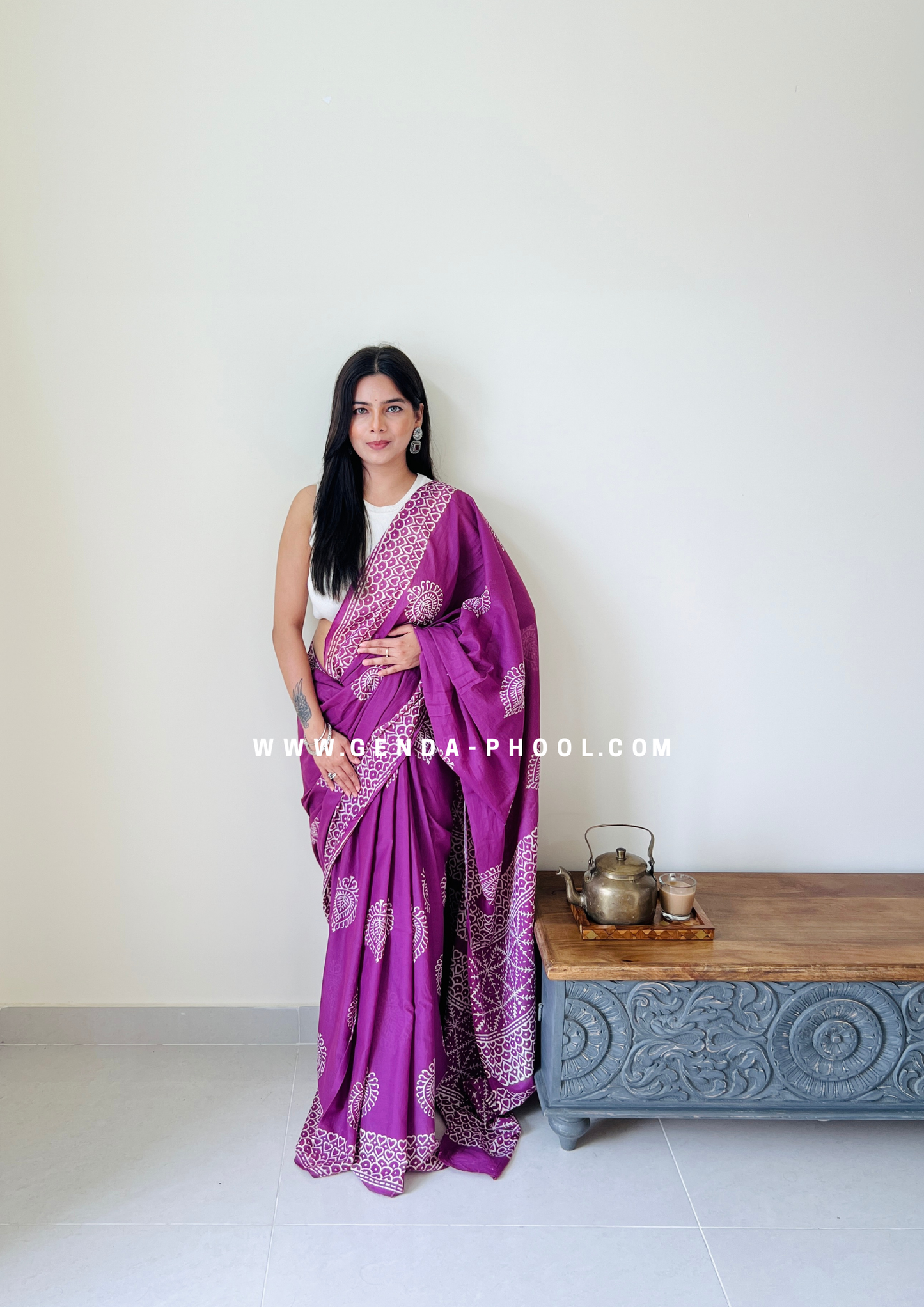 Purple Betel Leaf Print Handblock Mulmul Saree