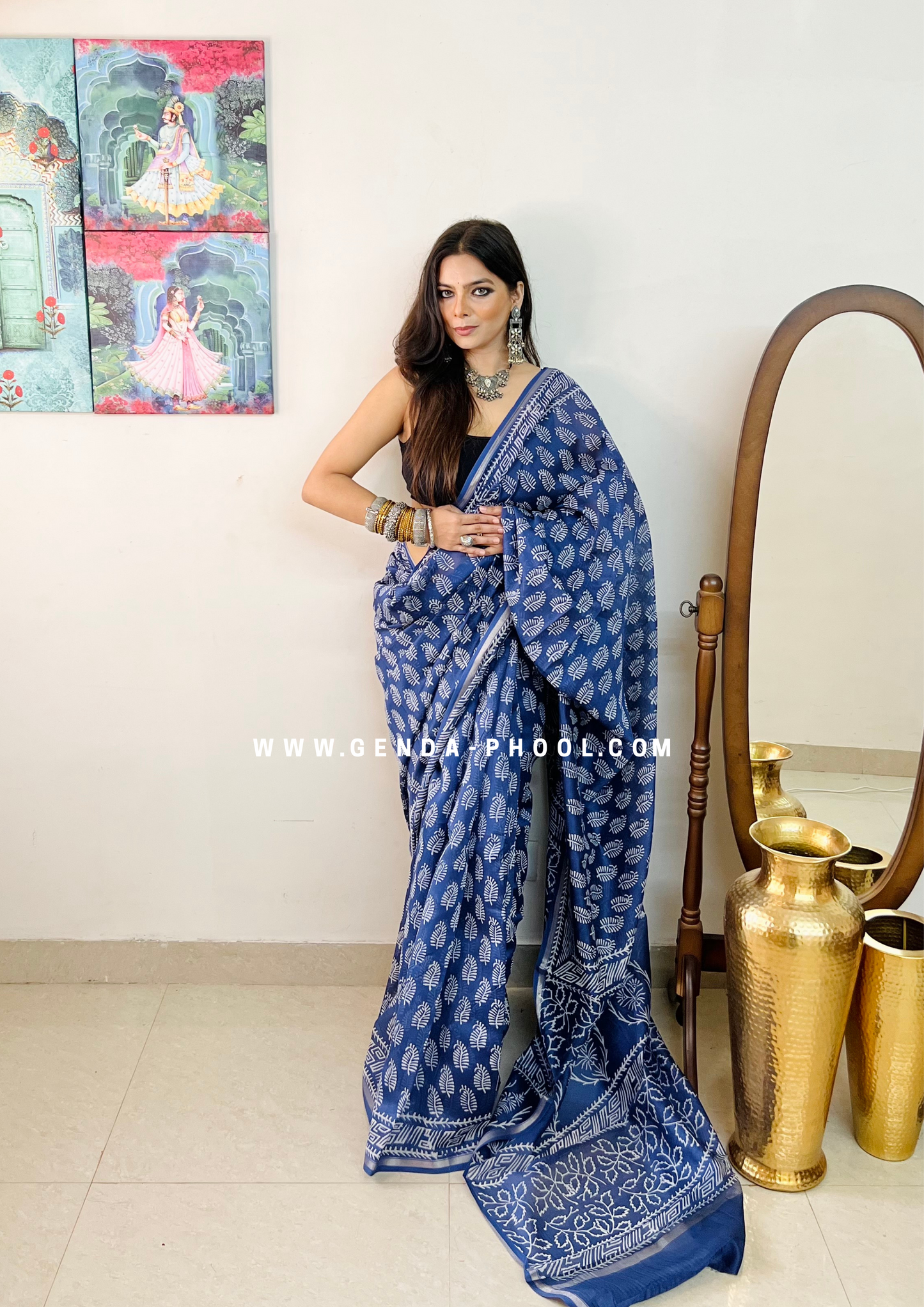 Handloom Dabu Handblock Printed Chanderi Silk Cotton Saree with Zari Border