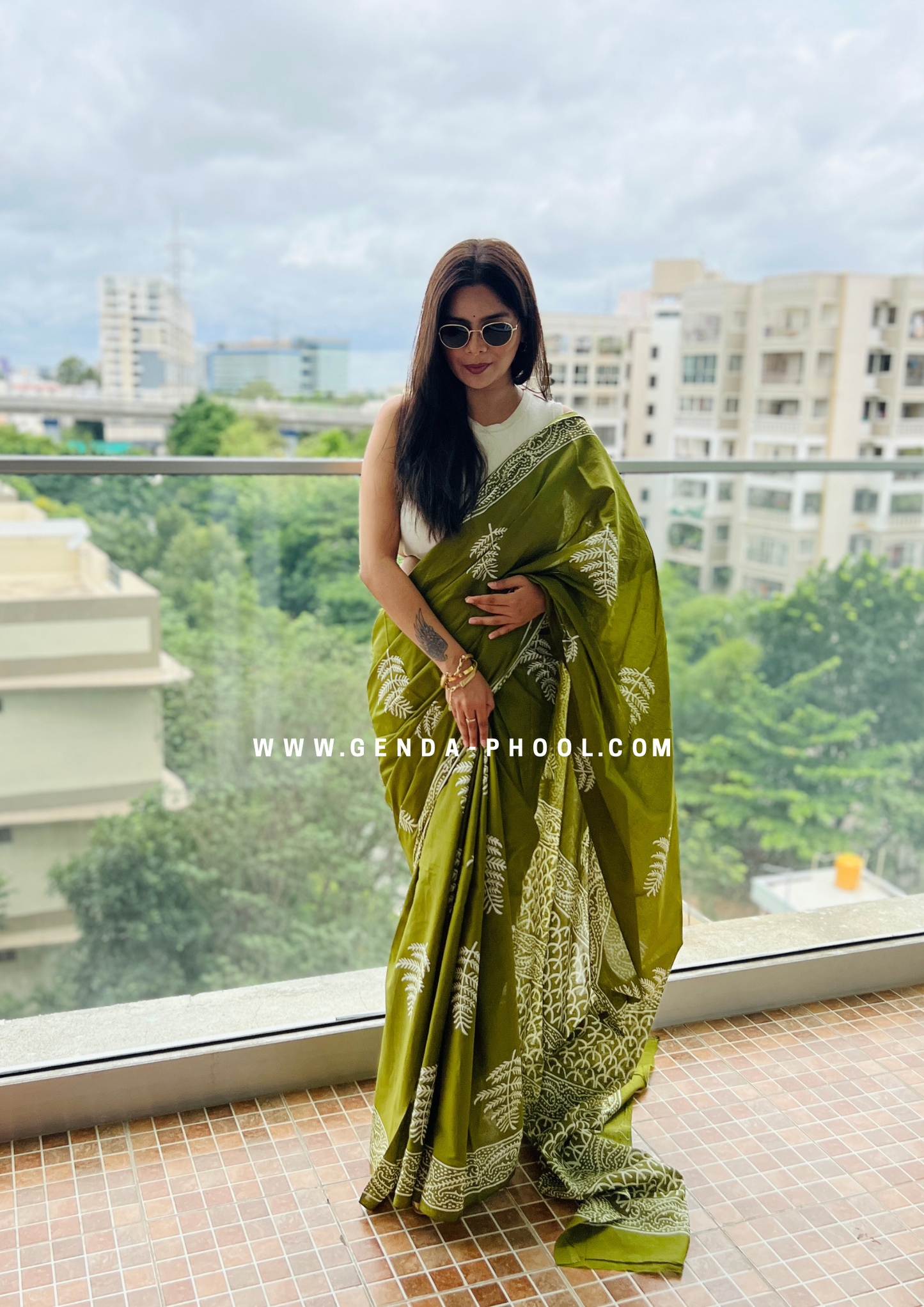 Green Leaf Print Handblock Mulmul Saree