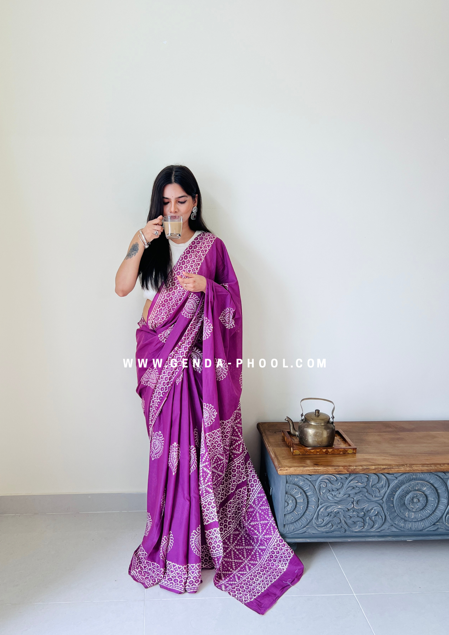 Purple Betel Leaf Print Handblock Mulmul Saree