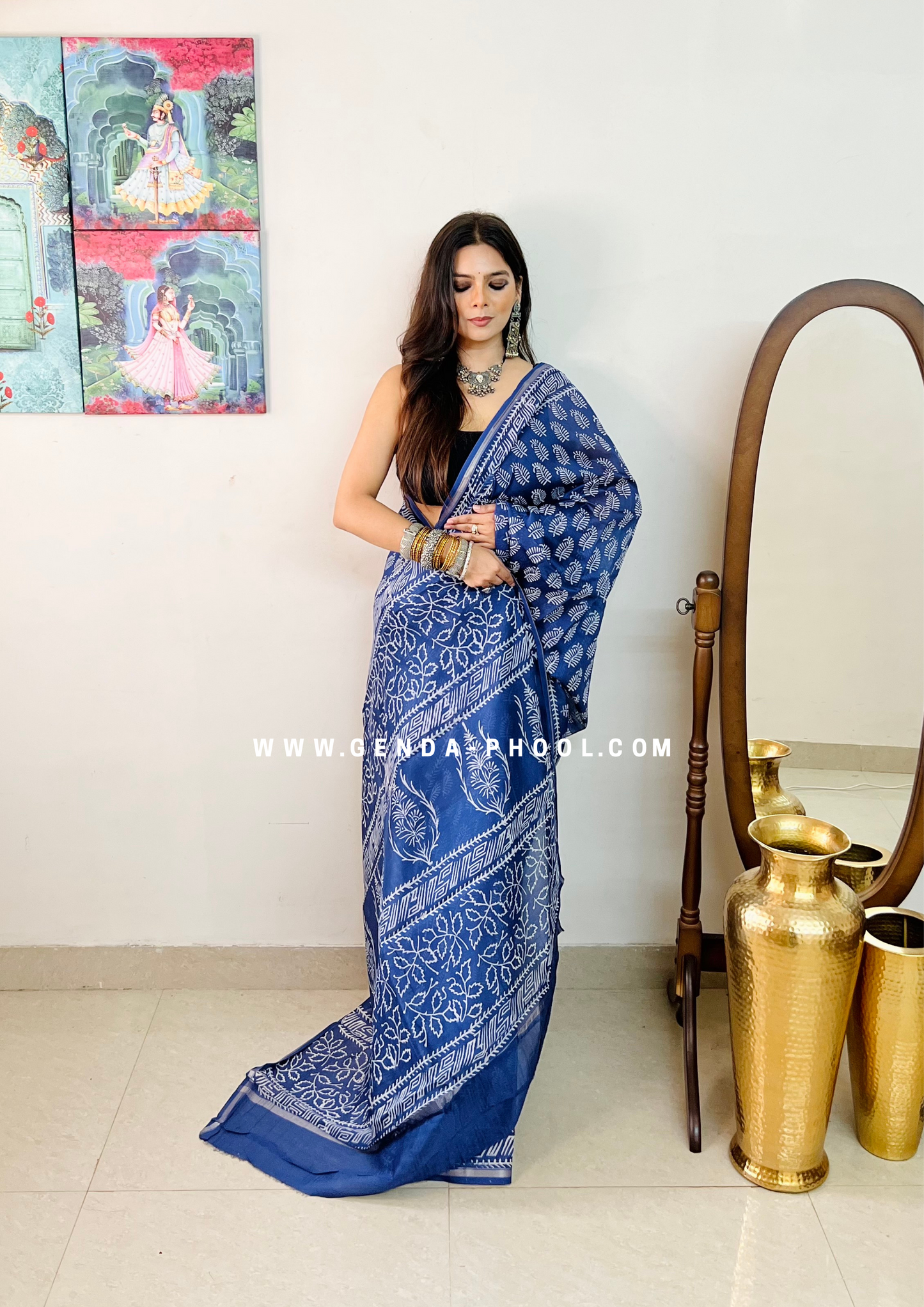 Handloom Dabu Handblock Printed Chanderi Silk Cotton Saree with Zari Border