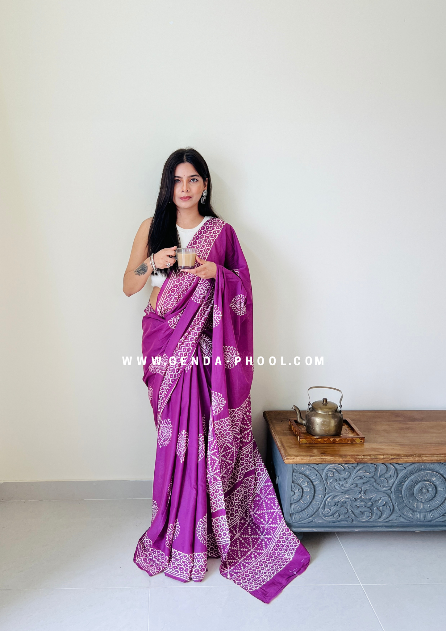 Purple Betel Leaf Print Handblock Mulmul Saree