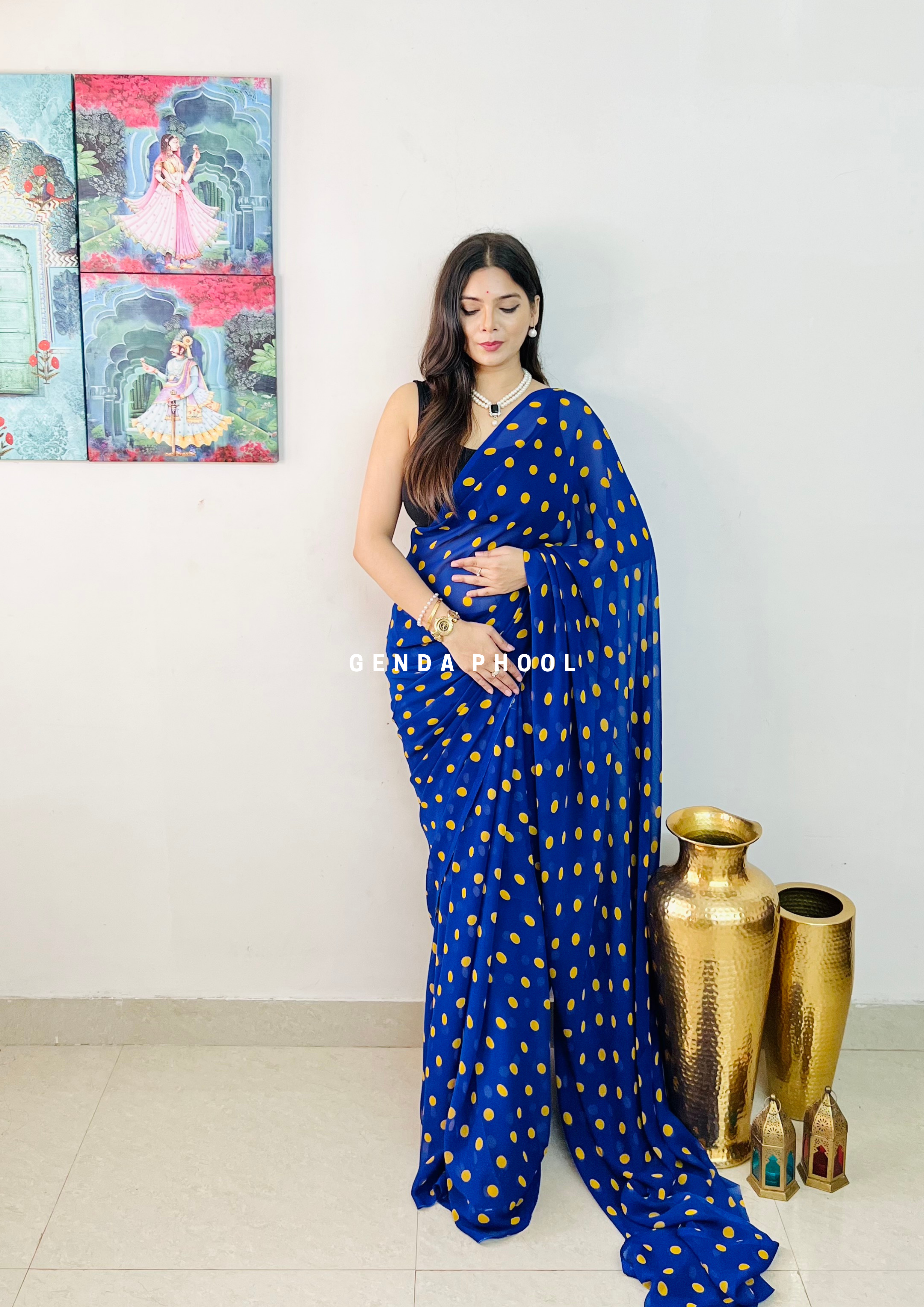 Yellow and blue polka dotted sari by Naomi Fashions | The Secret Label